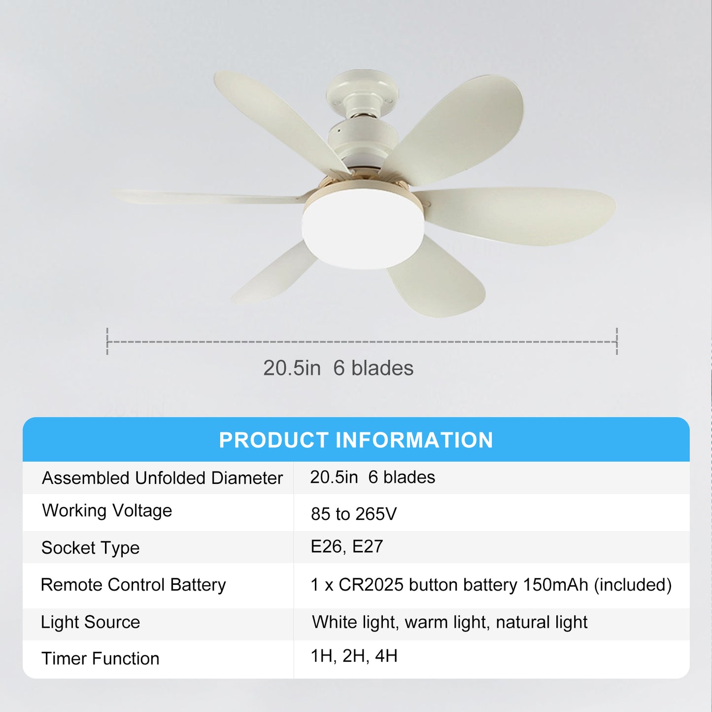 Socket Fan Light with Remote, 20.5in Small Ceiling Fan with 3-Speeds, Dimmable LED, E26/E27 Base, 6 Blades Light Socket Fan