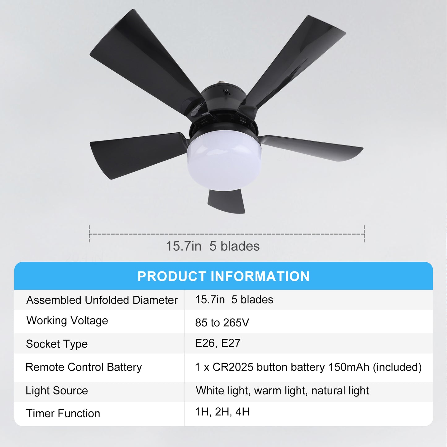 Ceiling Fan Light Dimmable 3 Color Temp 3 Wind Speed 1H 2H 4H Timer E26 Small Fan Lamp with Remote