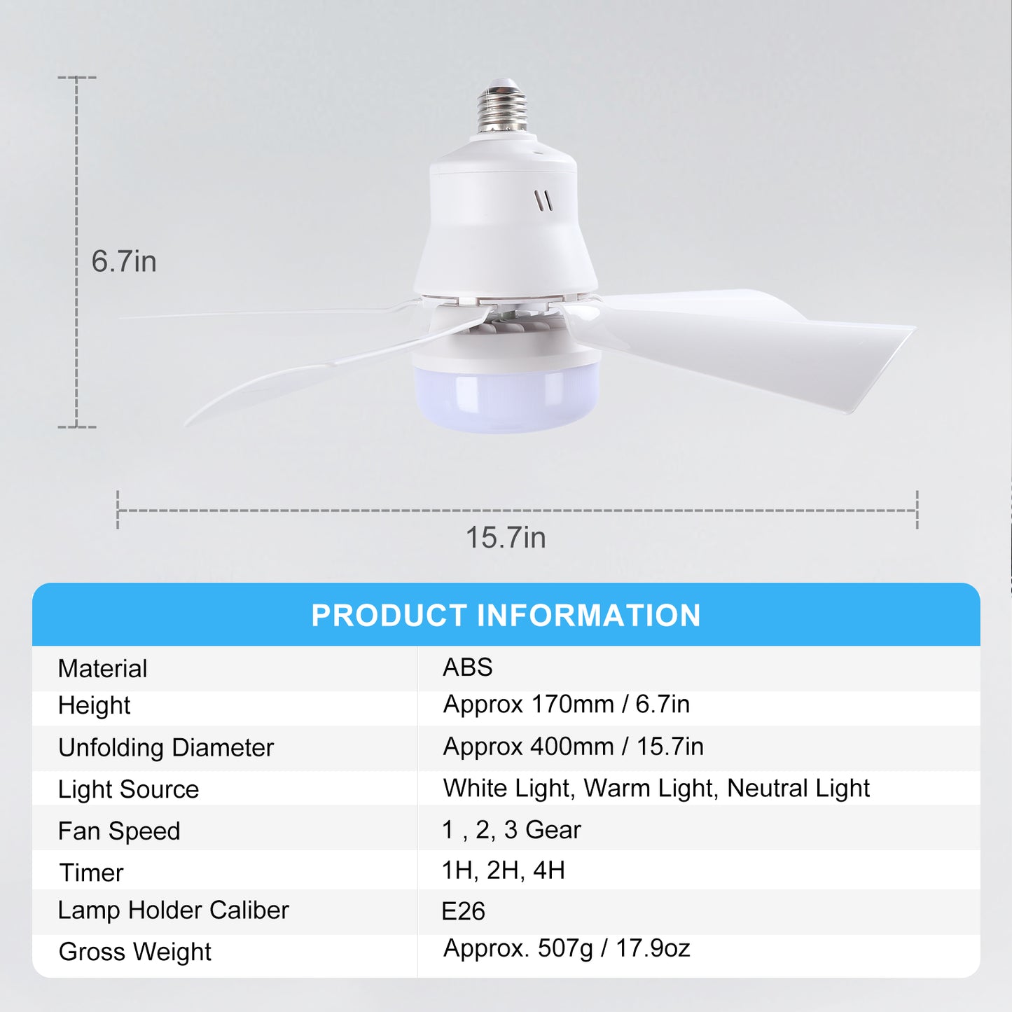 Socket Fan Light with Remote, 16” Screw Ceiling Fans with Lights, E26 Base, Dimmable, Timer, 3 Wind Speed,for Garage Bathroom