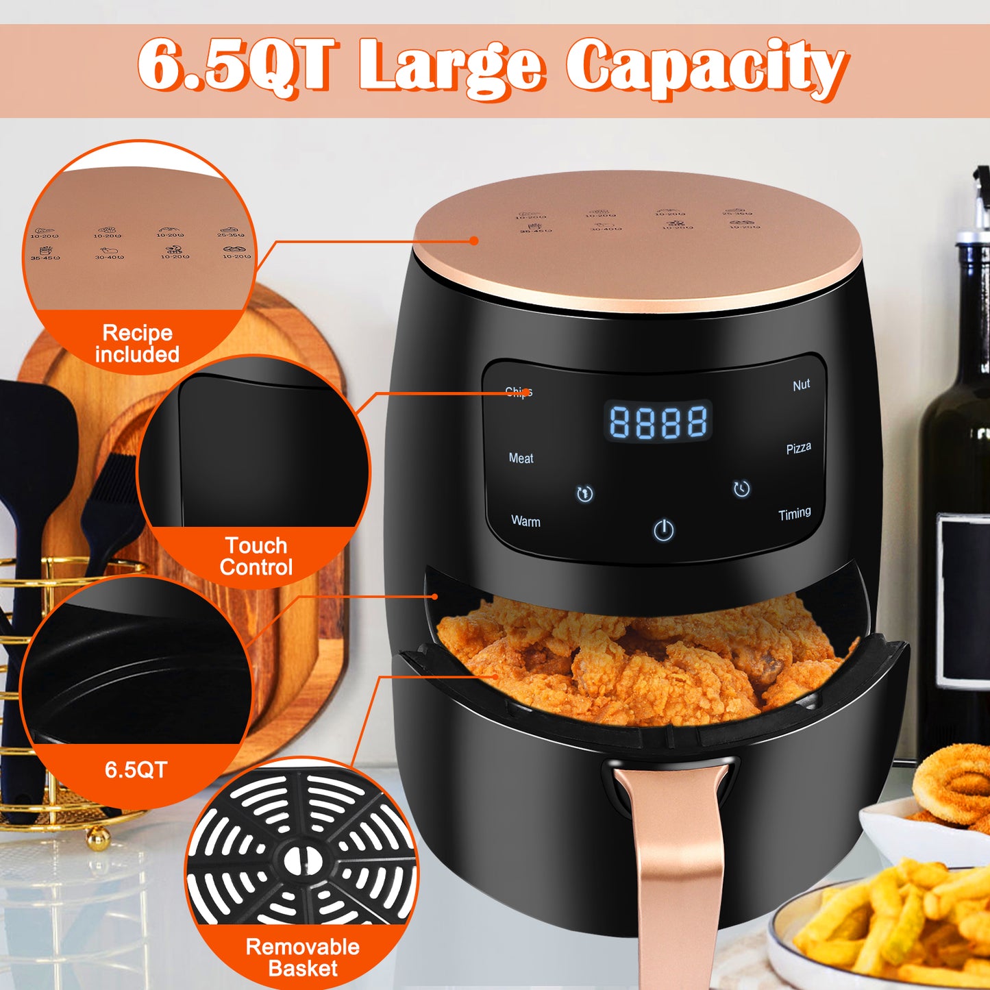 6.5 QT Large Capacity Air Fryer 8 in 1 Touch Screen Smart Fryers Household Multi-function Air fryer that Crisps, Roasts, Reheats, & Dehydrates