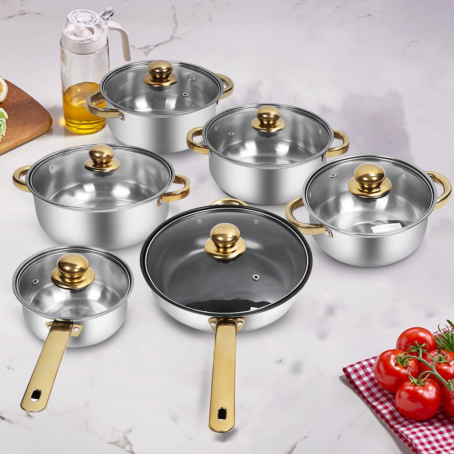 12-Piece Non-Stick Cookware Set, Easy Clean Stainless Steel Nonstick Pots and Pans, Gold Handle