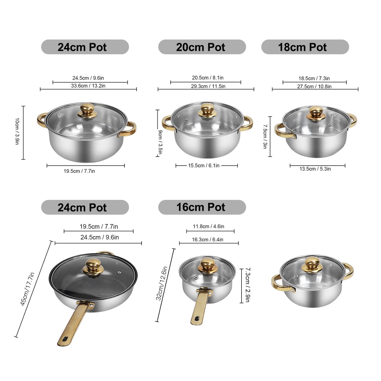 12-Piece Non-Stick Cookware Set, Easy Clean Stainless Steel Nonstick Pots and Pans, Gold Handle