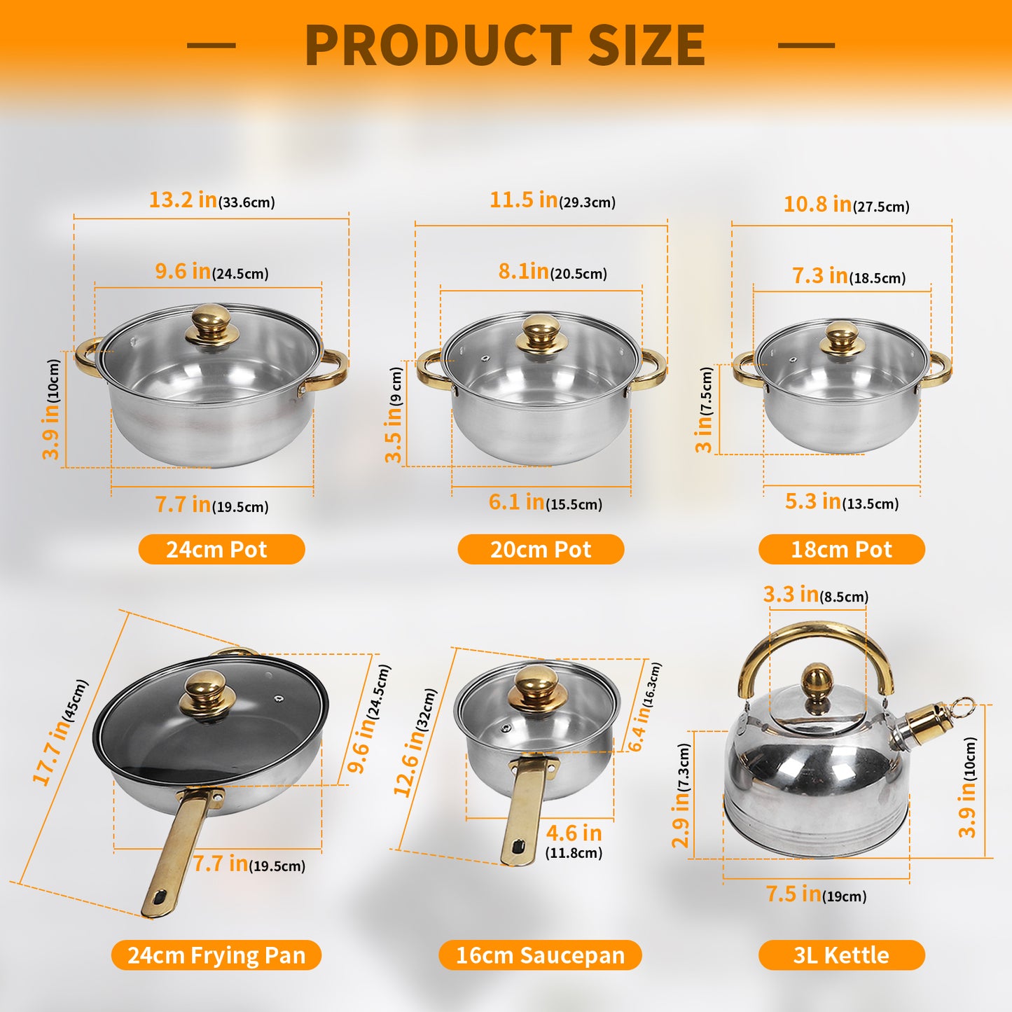 Nonstick Pots And Pans Set, 12 Piece Stainless Steel Non-stick Kitchen Cookware Set Golden Handle Easy Clean