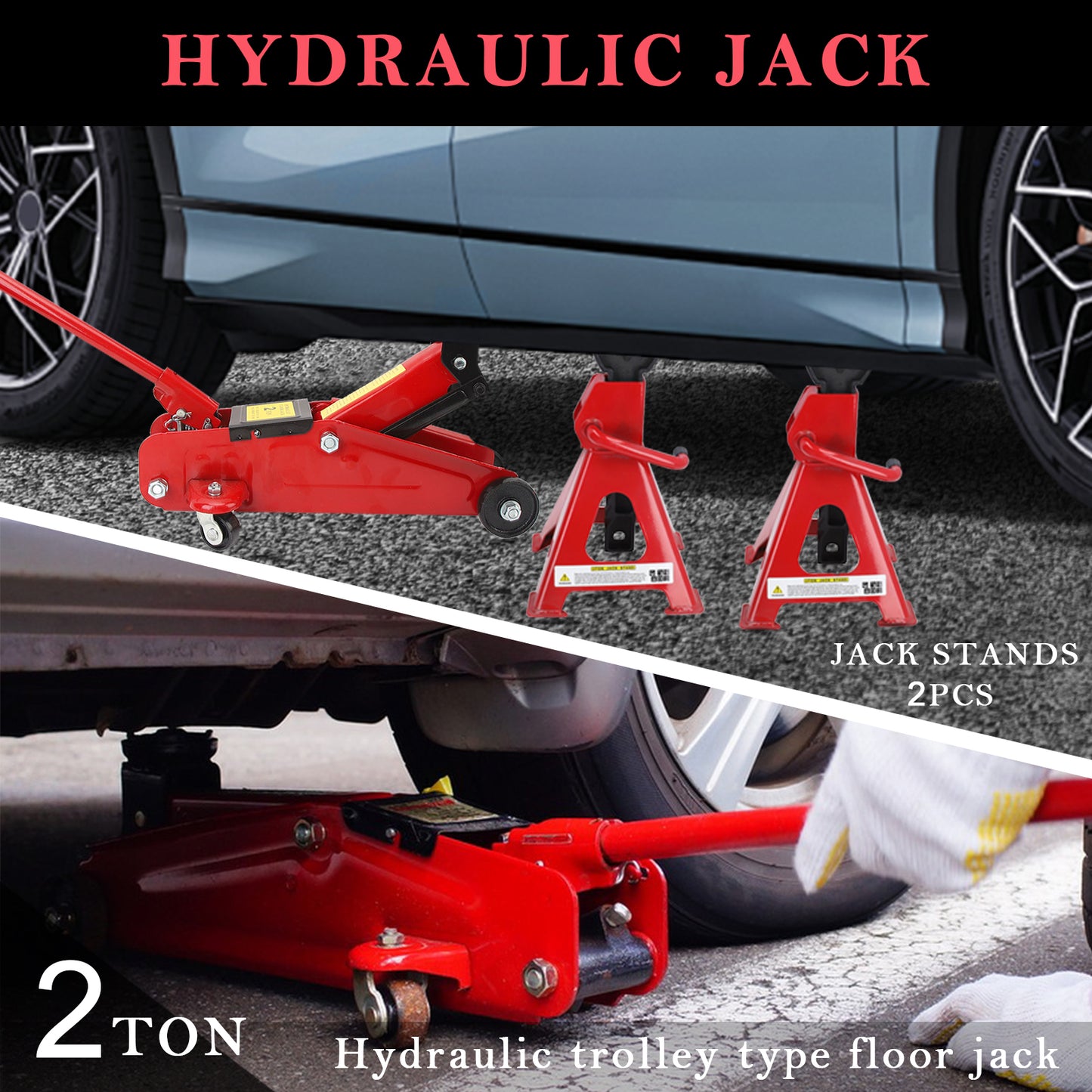 2 Ton Trolley Jack With 2 Ton Jack Stands, Lightweight Portable Car Lift Jack Tool Kit For SUVs Small Vehicles