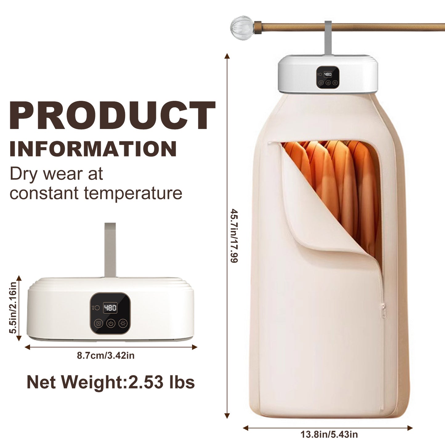 600W Mini Laundry Dryers With Remote Control, Small Compact Foldable Electric Drying Machine with Dry Bag