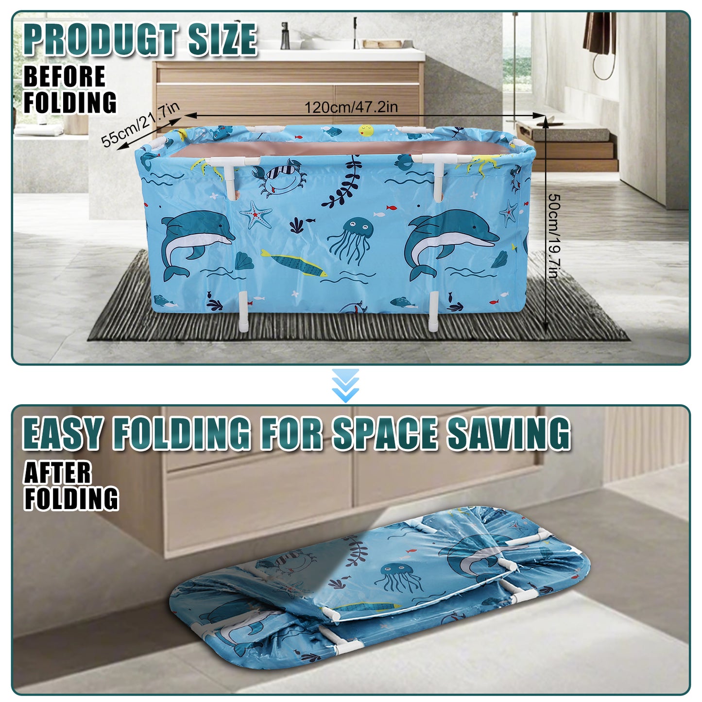 47in Foldable Bathtub Portable Soaking Bath Tub Ice Bathtub Hot Bathtub for 2 Person With Back Pad