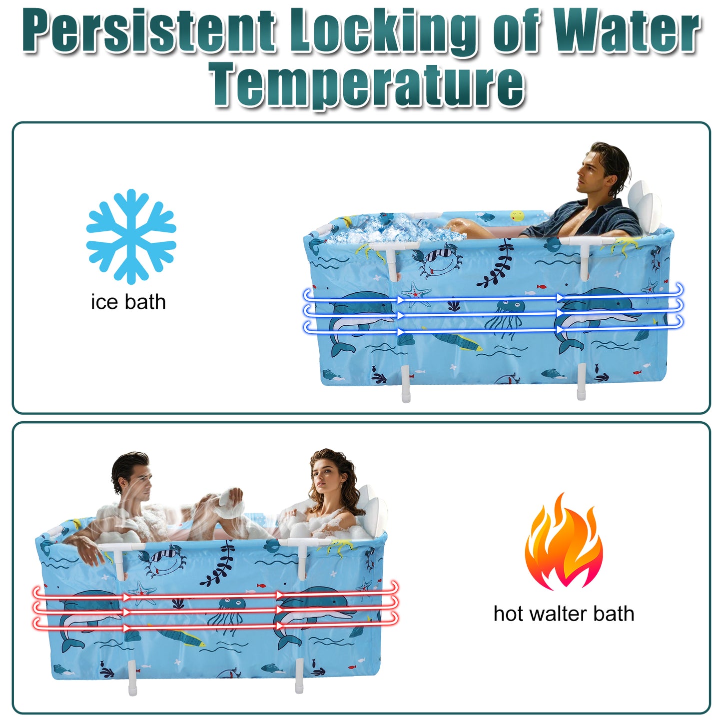 47in Foldable Bathtub Portable Soaking Bath Tub Ice Bathtub Hot Bathtub for 2 Person With Back Pad
