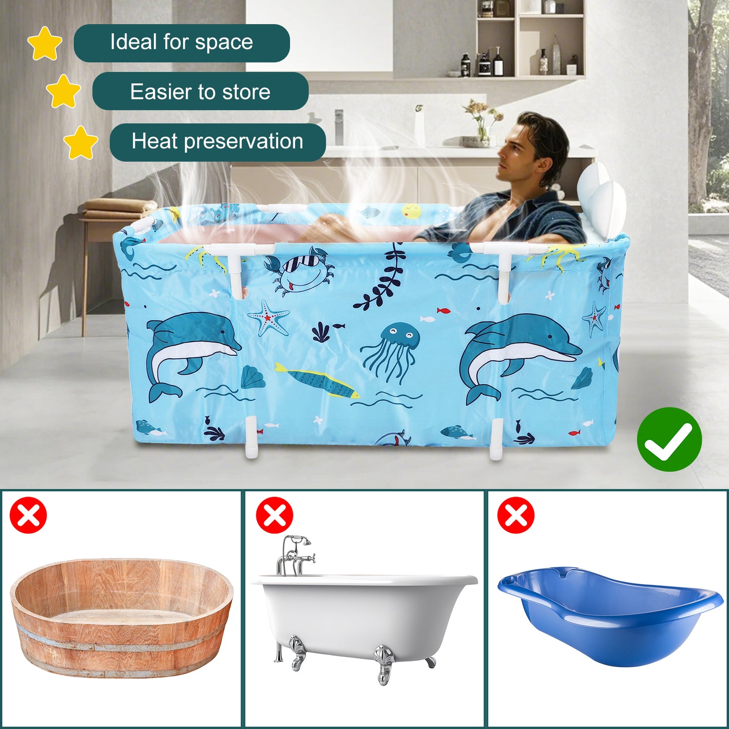 47in Foldable Bathtub Portable Soaking Bath Tub Ice Bathtub Hot Bathtub for 2 Person With Back Pad