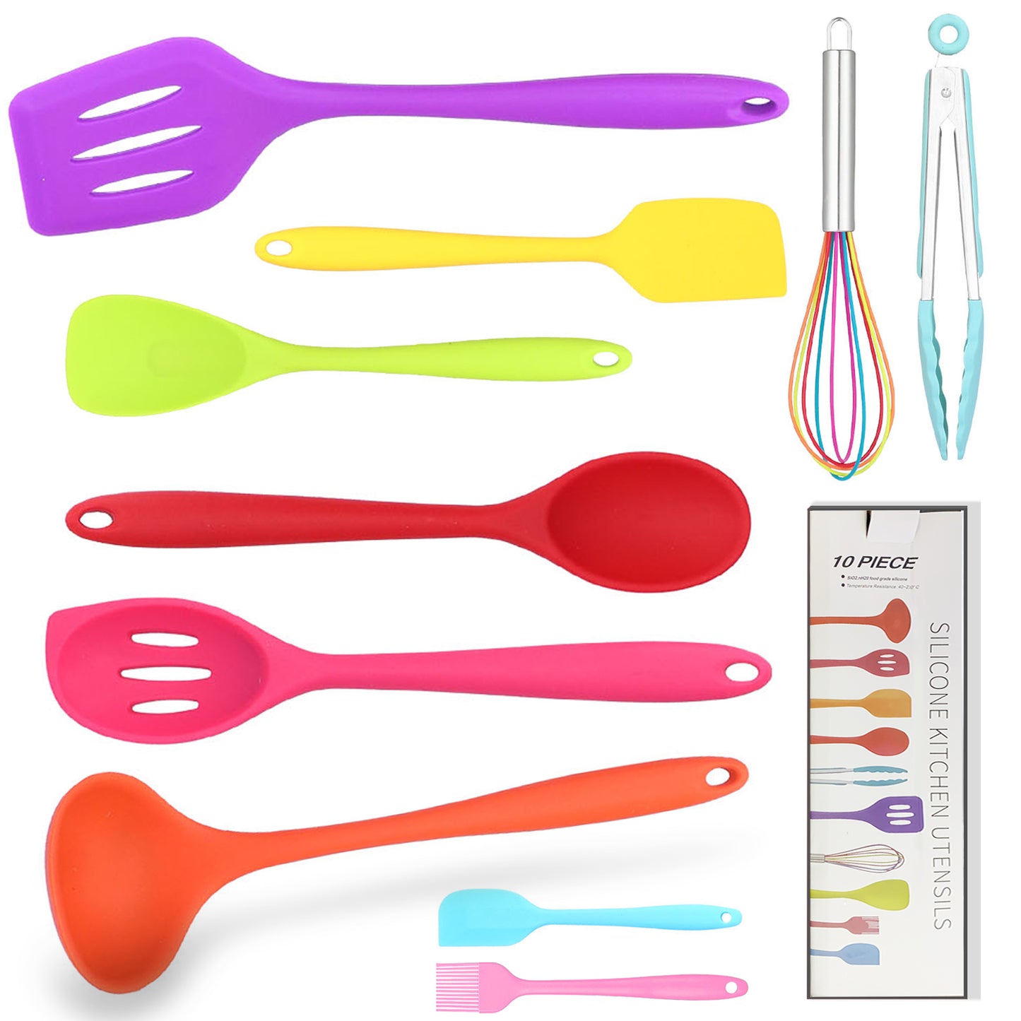 10Pcs Silicone Cooking Utensils Set, 446°F Heat Silicone Kitchen Utensil Set For Cooking,Kitchenware Non Stick Spatula Spoon Eggbeater Brush Cookware Multicolor