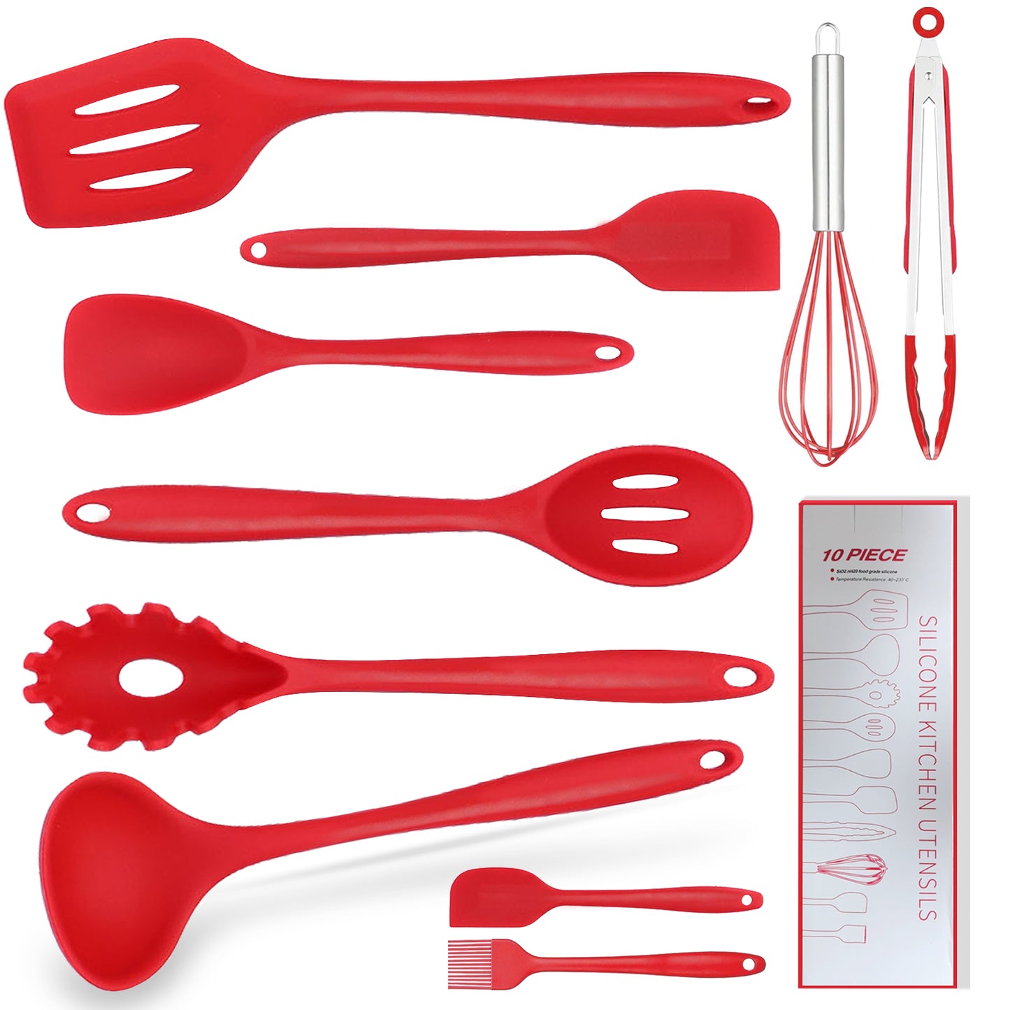 10Pcs Silicone Cooking Utensils Set, 446°F Heat Silicone Kitchen Utensil Set For Cooking,Kitchenware Non Stick Spatula Spoon Eggbeater Brush Cookware Red