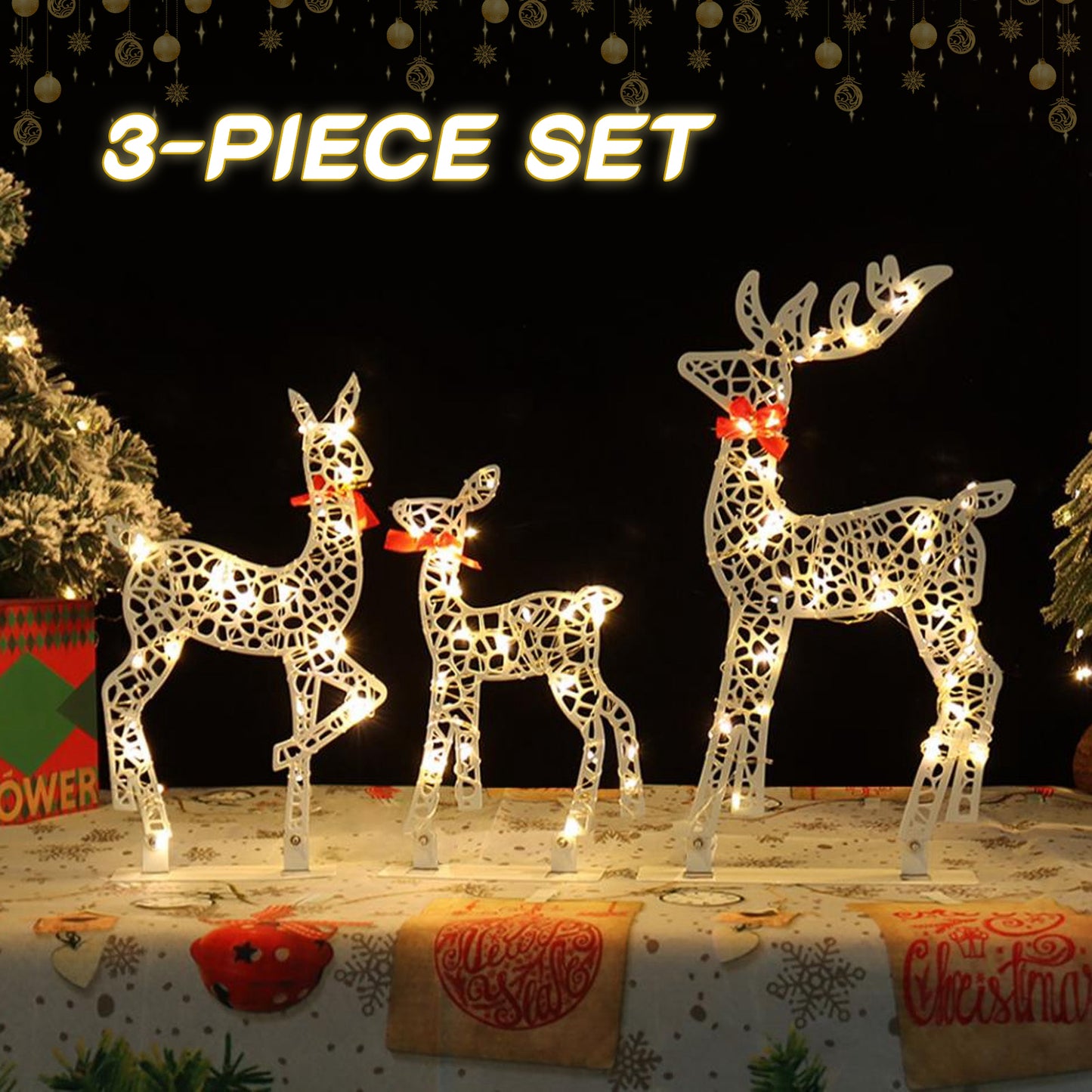 3-Piece Lighted Christmas Deer Set Outdoor Yard Decoration with 360 LED Lights