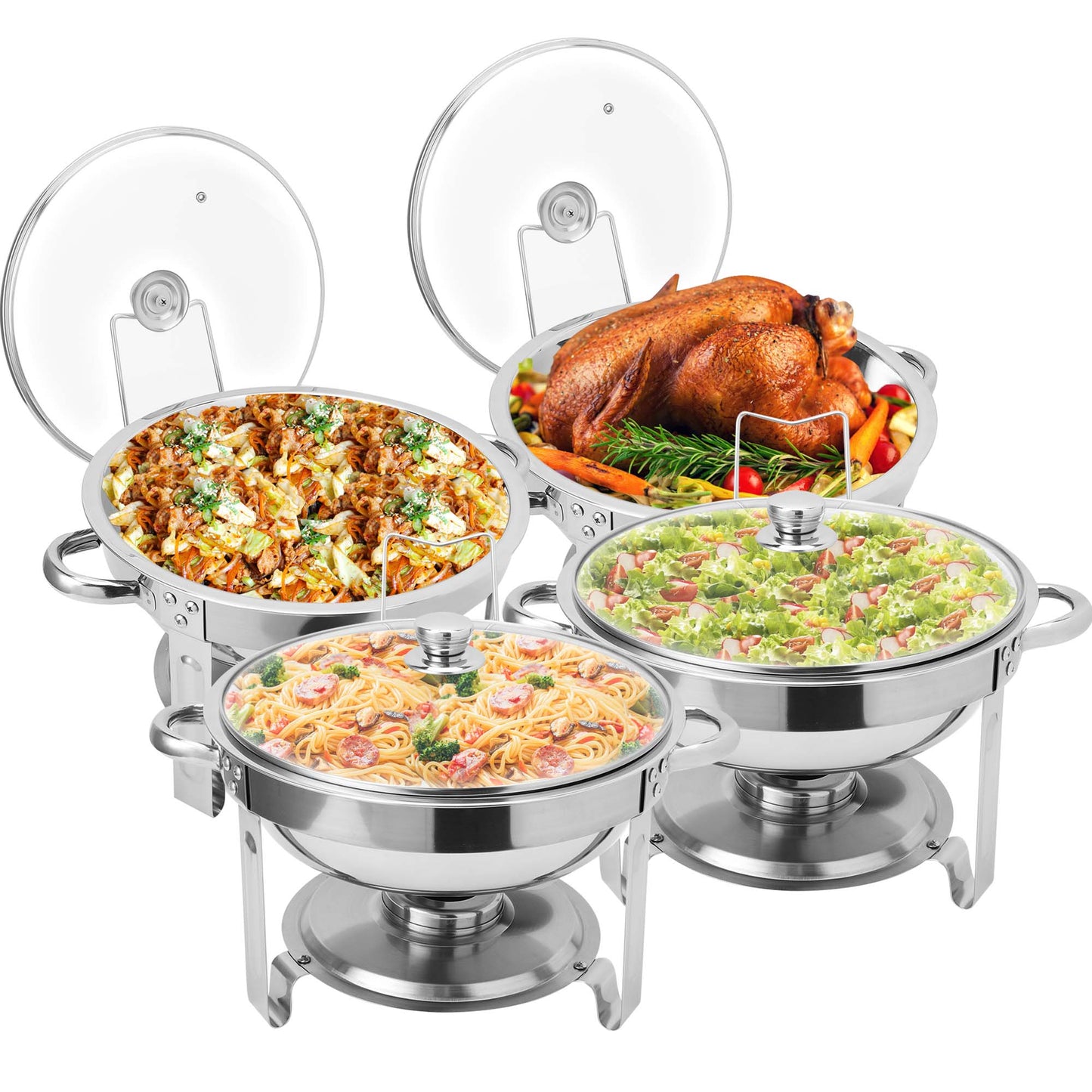 Chafing Dish Buffet Set, 4 Pack 5QT Stainless Steel Chafing Dishes For Buffet With Glass Lid & Lid Holder, Round Chafers And Buffet Warmers Sets For Parties, Events, Wedding, Camping
