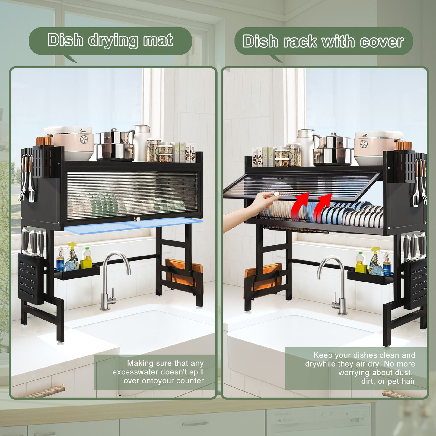 Over The Sink Dish Drying Rack, Large Capacity Dish Rack with Cover, Expandable Length & Height, Adjustable Metal Dish Drainer for Kitchen Counter, Space Saving