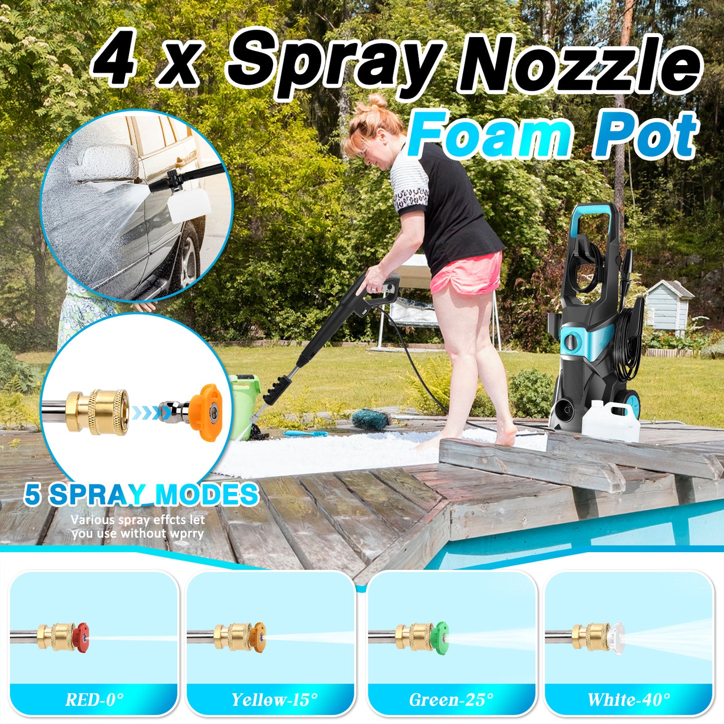 Electric Pressure Washer, 4000PSI Max 2.4 GPM Power Washer with 32 ft Hose, 4 Quick Connect Nozzles, Foam Cannon, Suitable for Clean Cars, Patios, Driveways, Fences, Pool