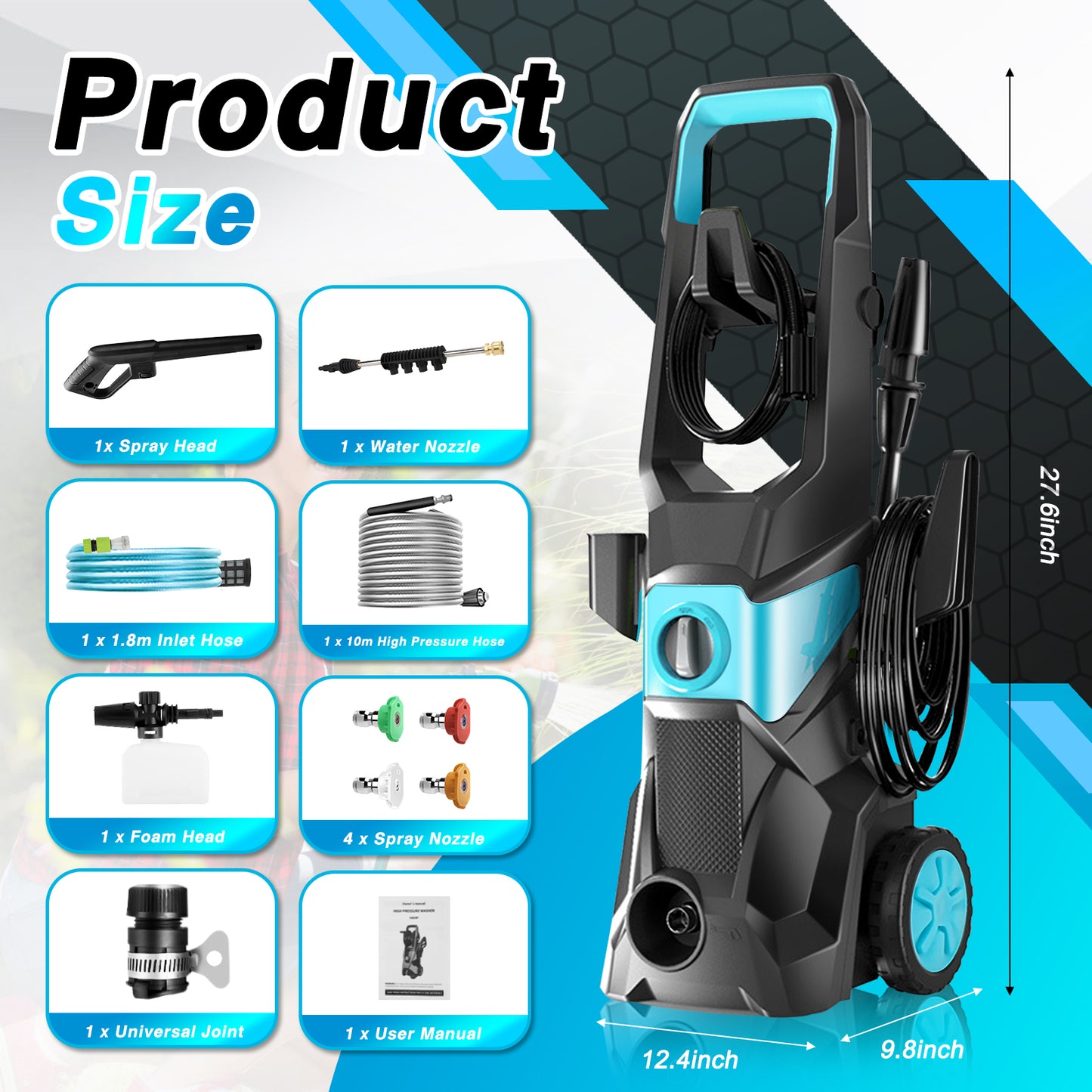 Electric Pressure Washer, 4000PSI Max 2.4 GPM Power Washer with 32 ft Hose, 4 Quick Connect Nozzles, Foam Cannon, Suitable for Clean Cars, Patios, Driveways, Fences, Pool