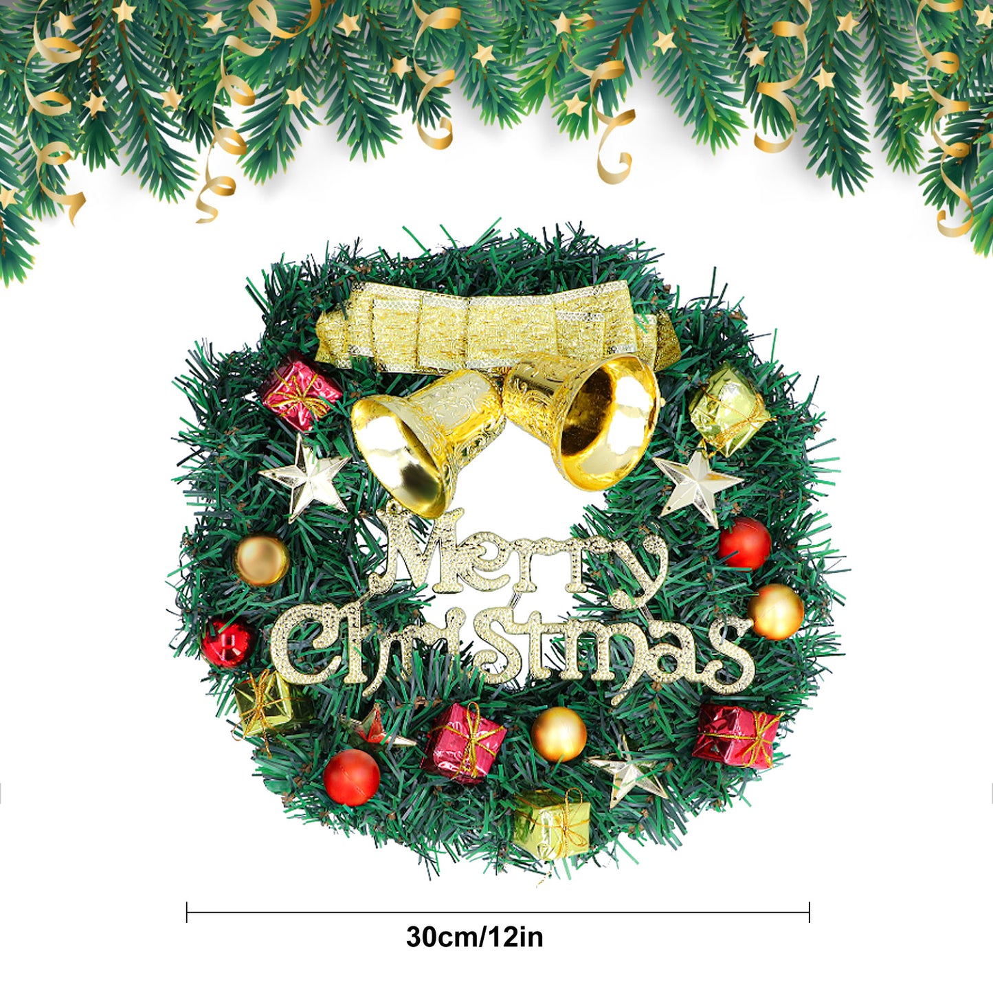Bowknot Christmas Wreath PVC Decorated Christmas Wreaths For Front Door, 12" Christmas Party Decor, With Bowknot, Bells, Pine Cones, Stars Gifts