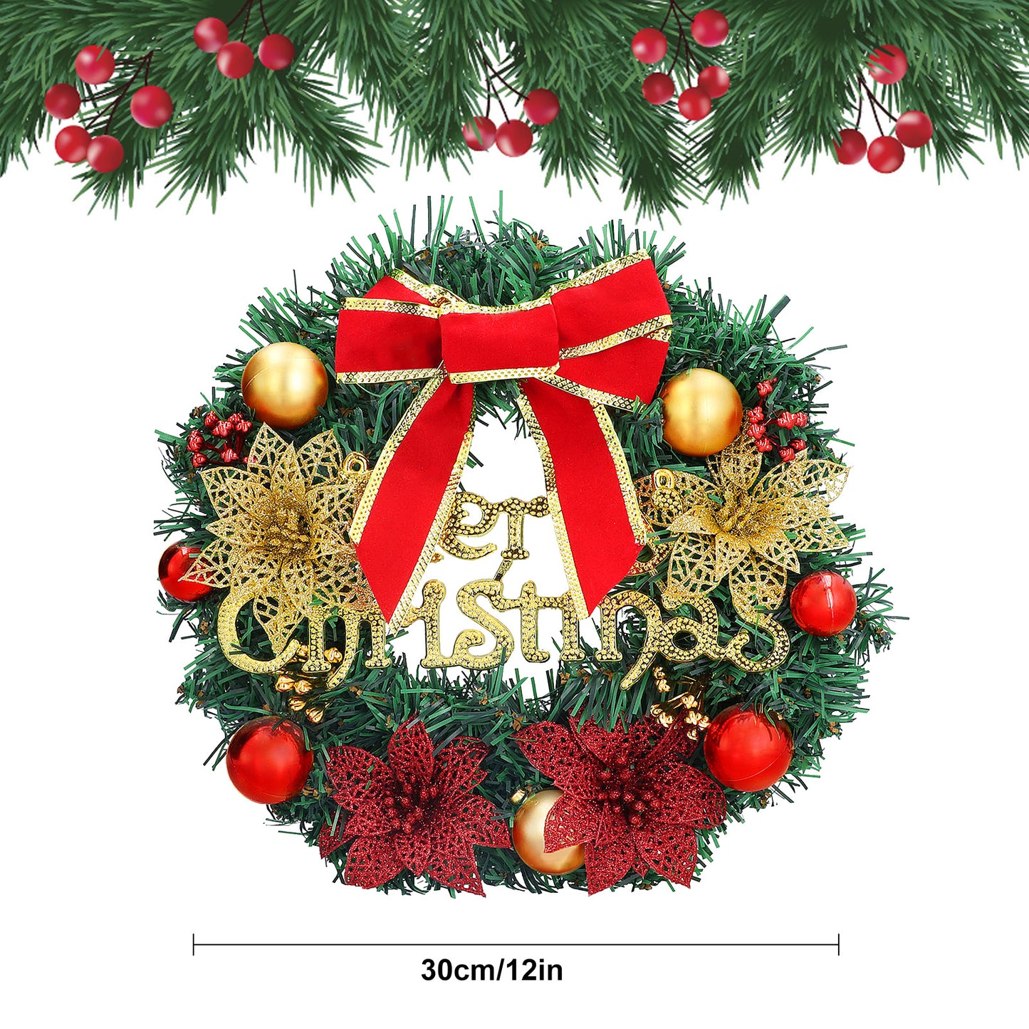 Christmas Wreath Reef for Front Door Outside,12inch Artificial Xmas Garland with Bowknot,Poinsettia Flowers,Bells,Xmas Pinecones Decor for Wall Home Ornaments Store Window