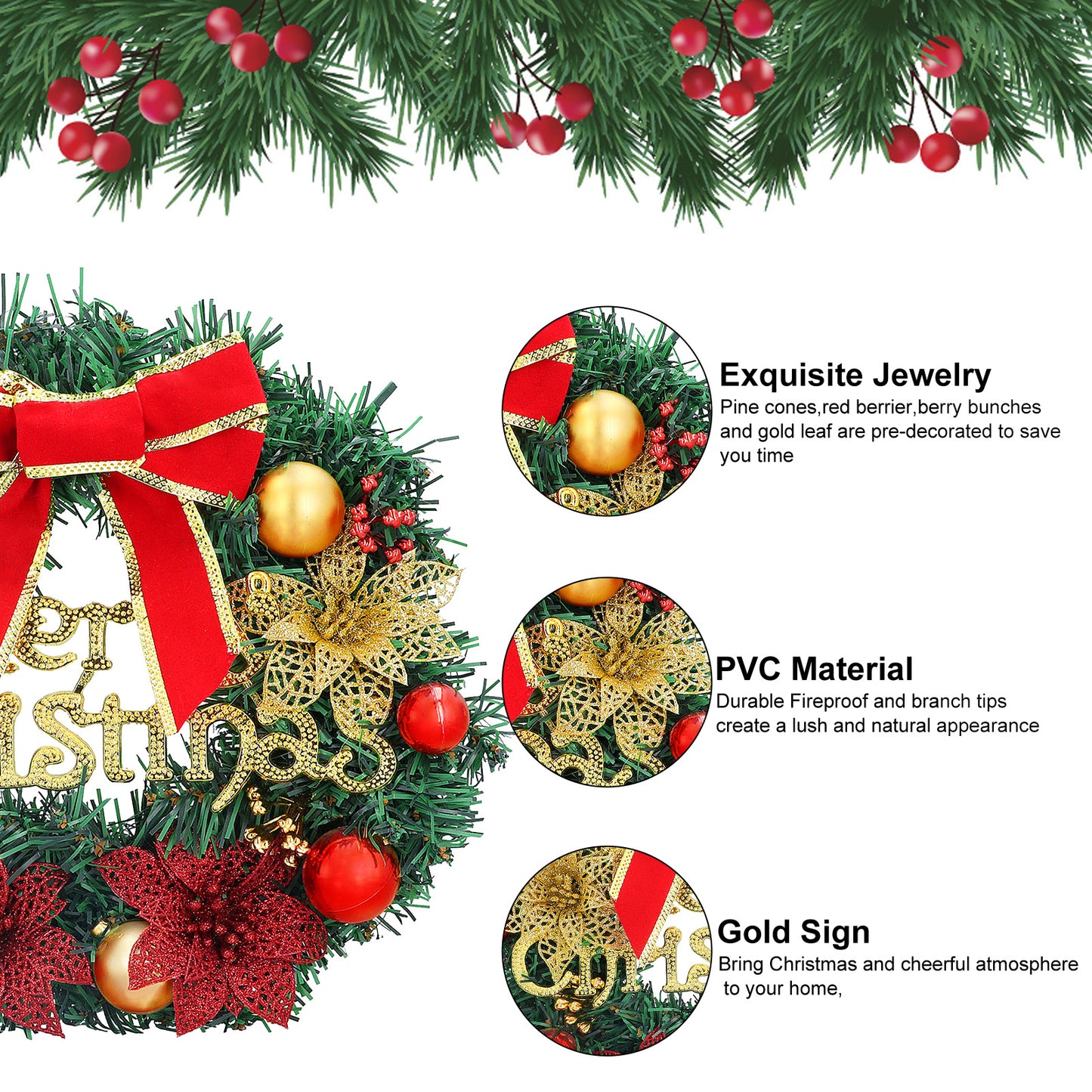 Christmas Wreath Reef for Front Door Outside,12inch Artificial Xmas Garland with Bowknot,Poinsettia Flowers,Bells,Xmas Pinecones Decor for Wall Home Ornaments Store Window