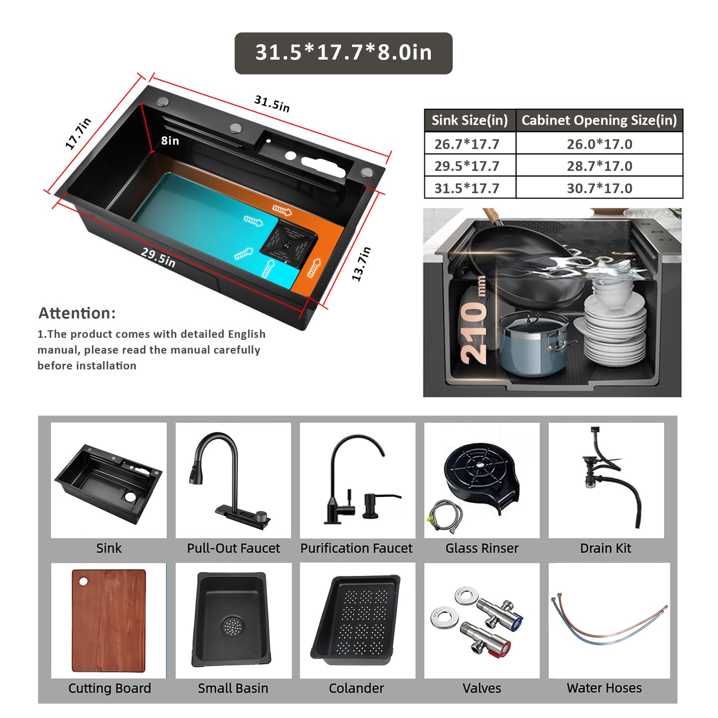 Waterfall Kitchen Sink, 31.5" Single Bowl Drop In Kitchen Sink with Pull-Out Faucet, Thickened Stainless Steel Digital Display Kitchen Sink