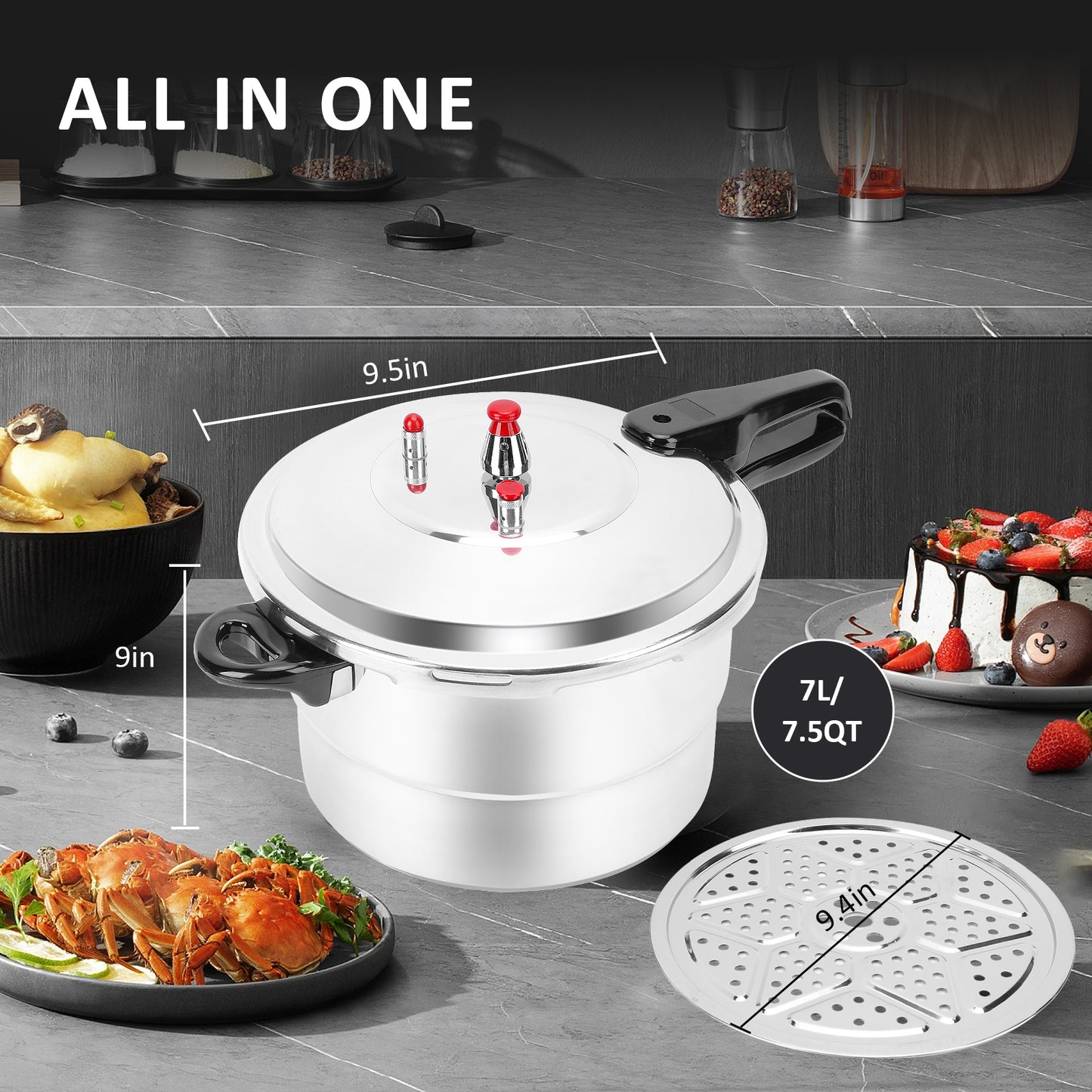 Aluminum Pressure Cooker, 7.5 Quart Aluminum Pressure Cooker Cooking Various Foods For Gas Stove Induction Cooker