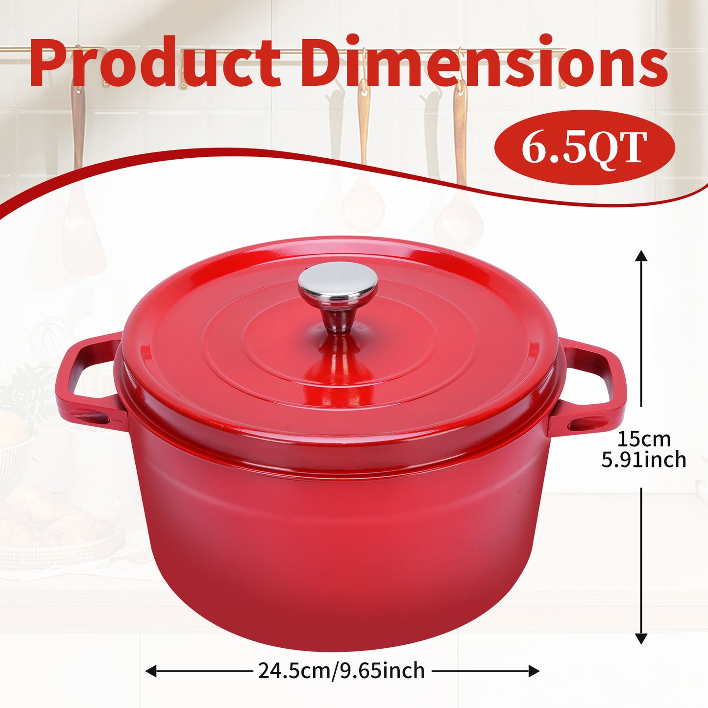 5.5 QT Enameled Cast Iron Dutch Oven Pot with Lid, Dual Handles, Non-Stick Coating for Bread Baking & Cooking, Red