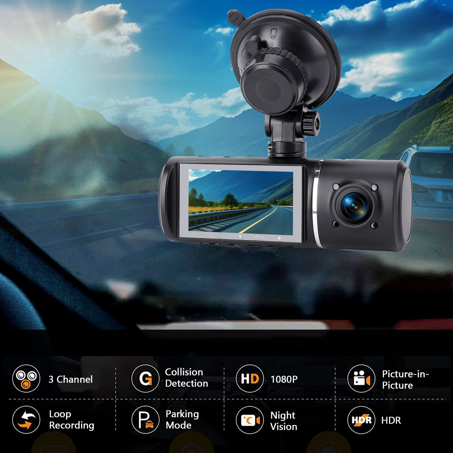 2.45 Inch Screen Dash Cam Front Rear Inside 1080P 720P 480P Three Way Triple Car Camera with IR Night Vision HDR Parking Mode
