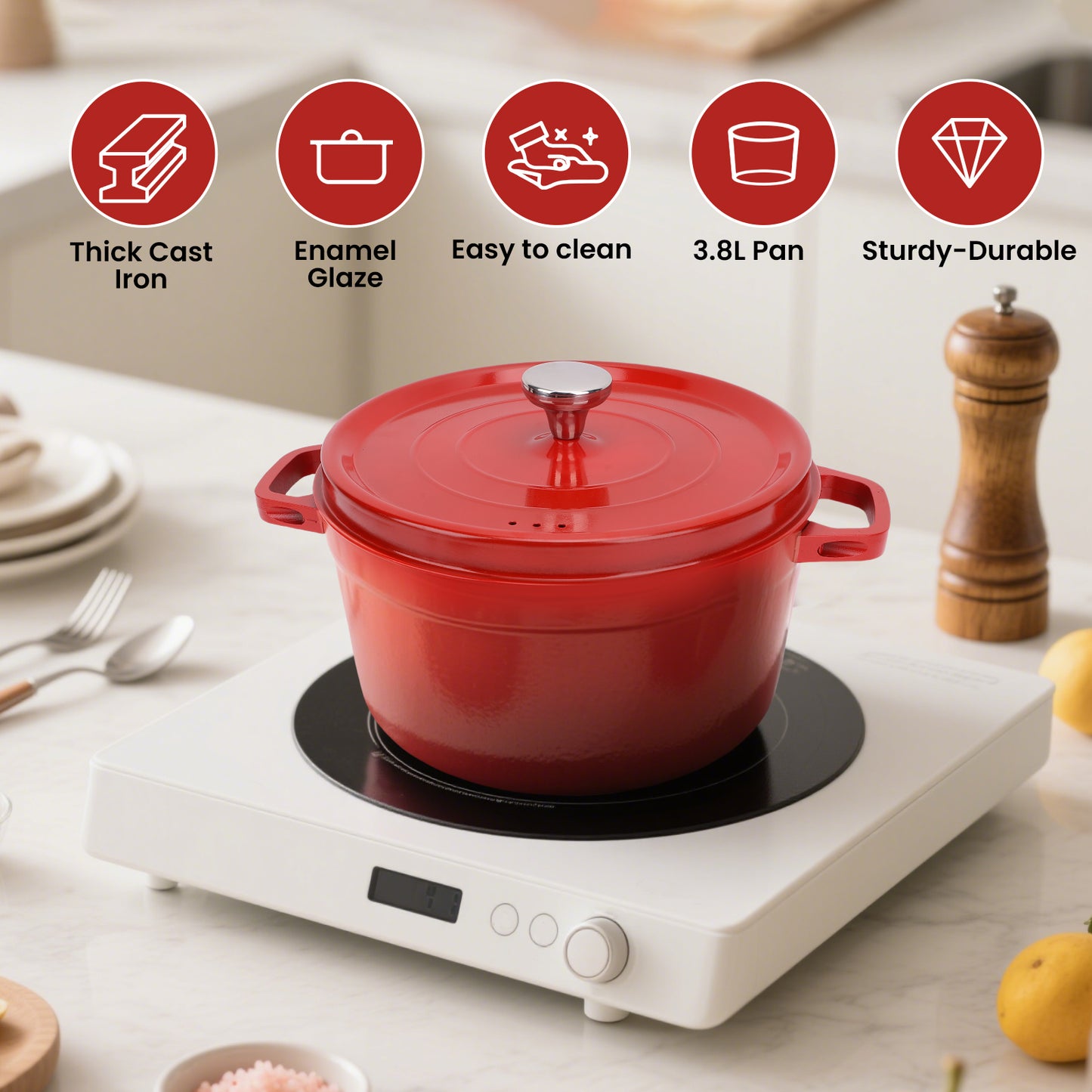 5.5 QT Enameled Cast Iron Dutch Oven Pot with Lid, Dual Handles, Non-Stick Coating for Bread Baking & Cooking, Red