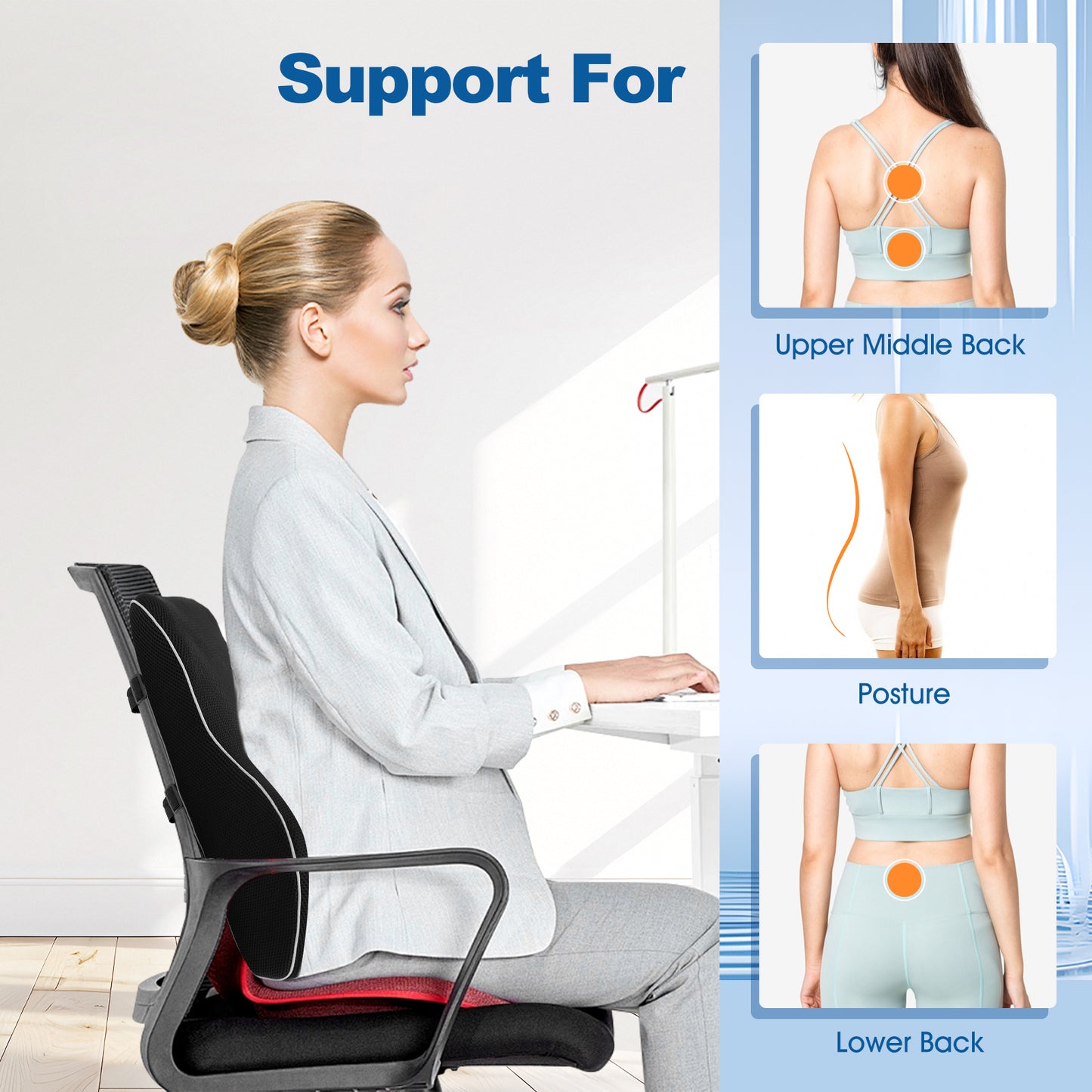 Lumbar Support Pillow,Ergonomic Memory Foam Back Support Pillow for Car, Office Chair,Travel Use,Black