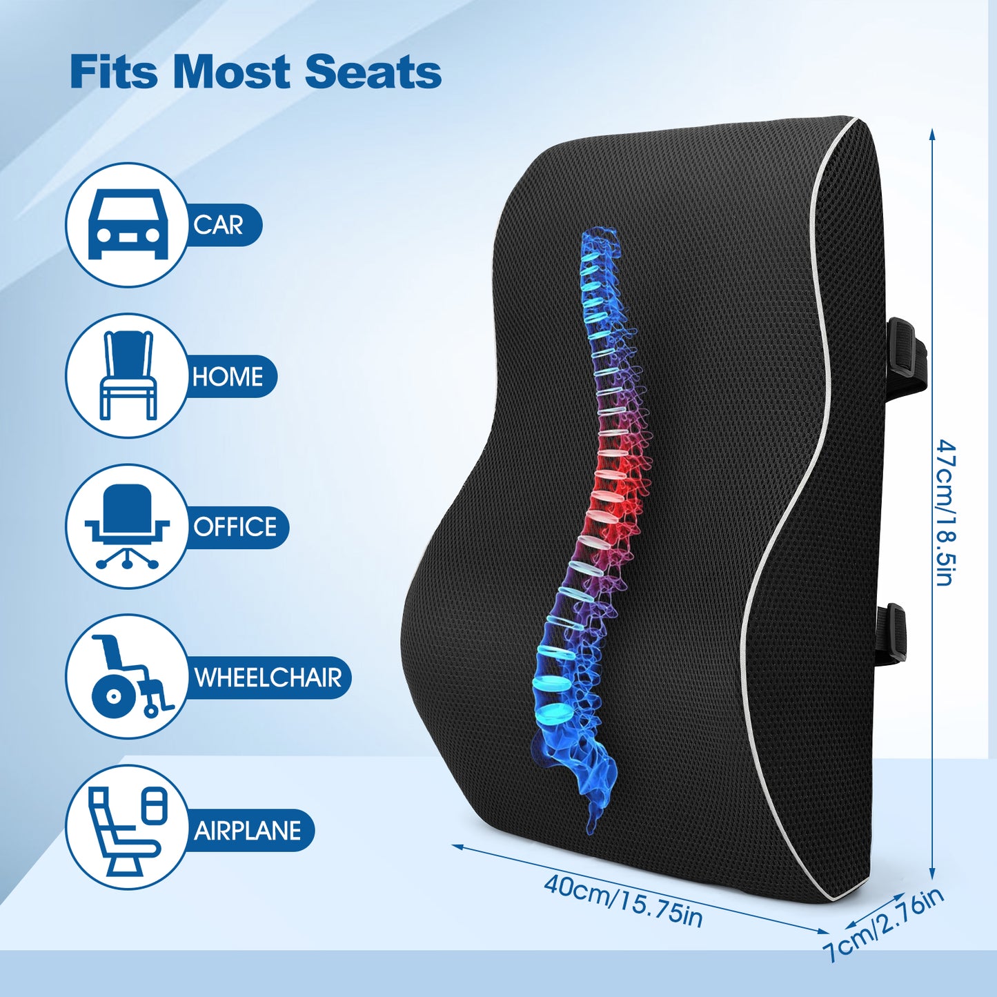 Lumbar Support Pillow,Ergonomic Memory Foam Back Support Pillow for Car, Office Chair,Travel Use,Black