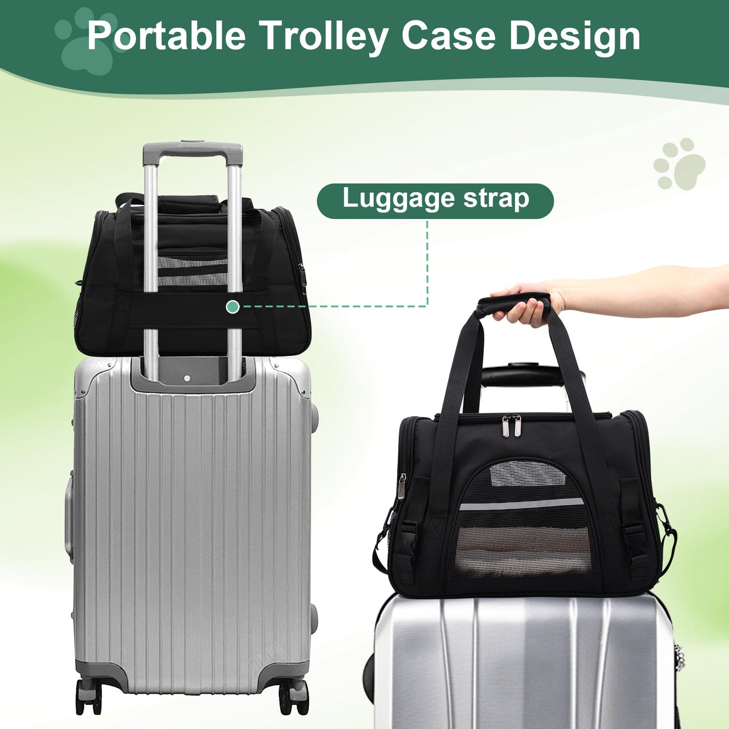 Pet Carrier Backpack with Ventilated Mesh, Luggage Strap & Seatbelt Attachment, Multiple Zipper Entrances, Lightweight Travel Carrier for Cats and Small Dogs