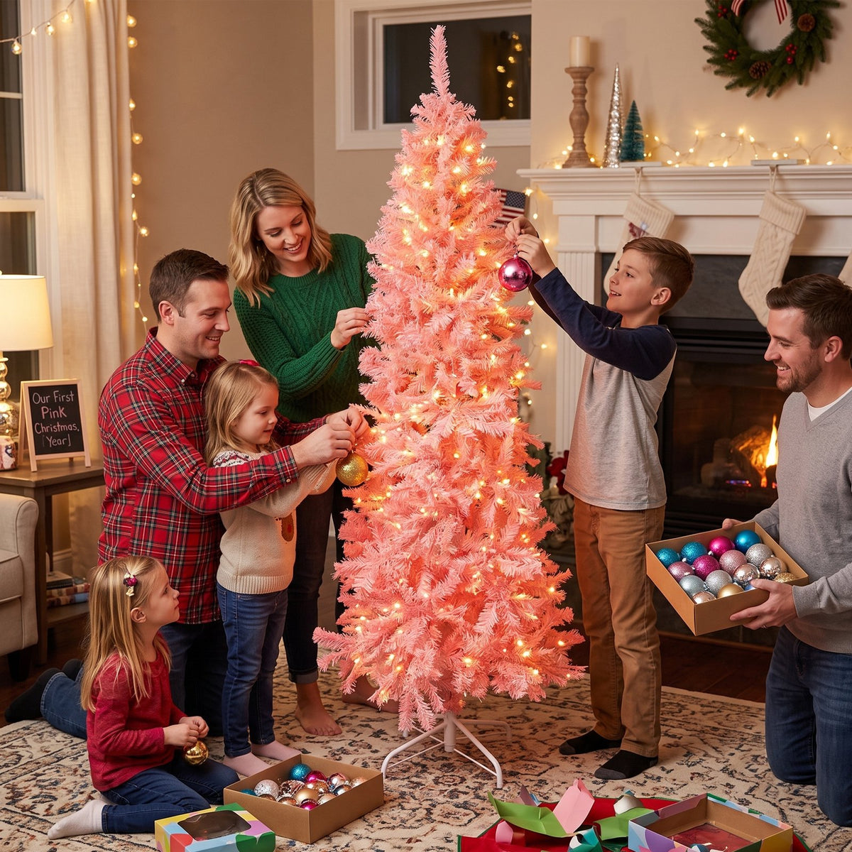 7ft Flocked Pink Pencil Christmas Tree, Pre-Lit Slim Artificial Holiday Decoration, Lighted Skinny w/Base, Warm White Lights