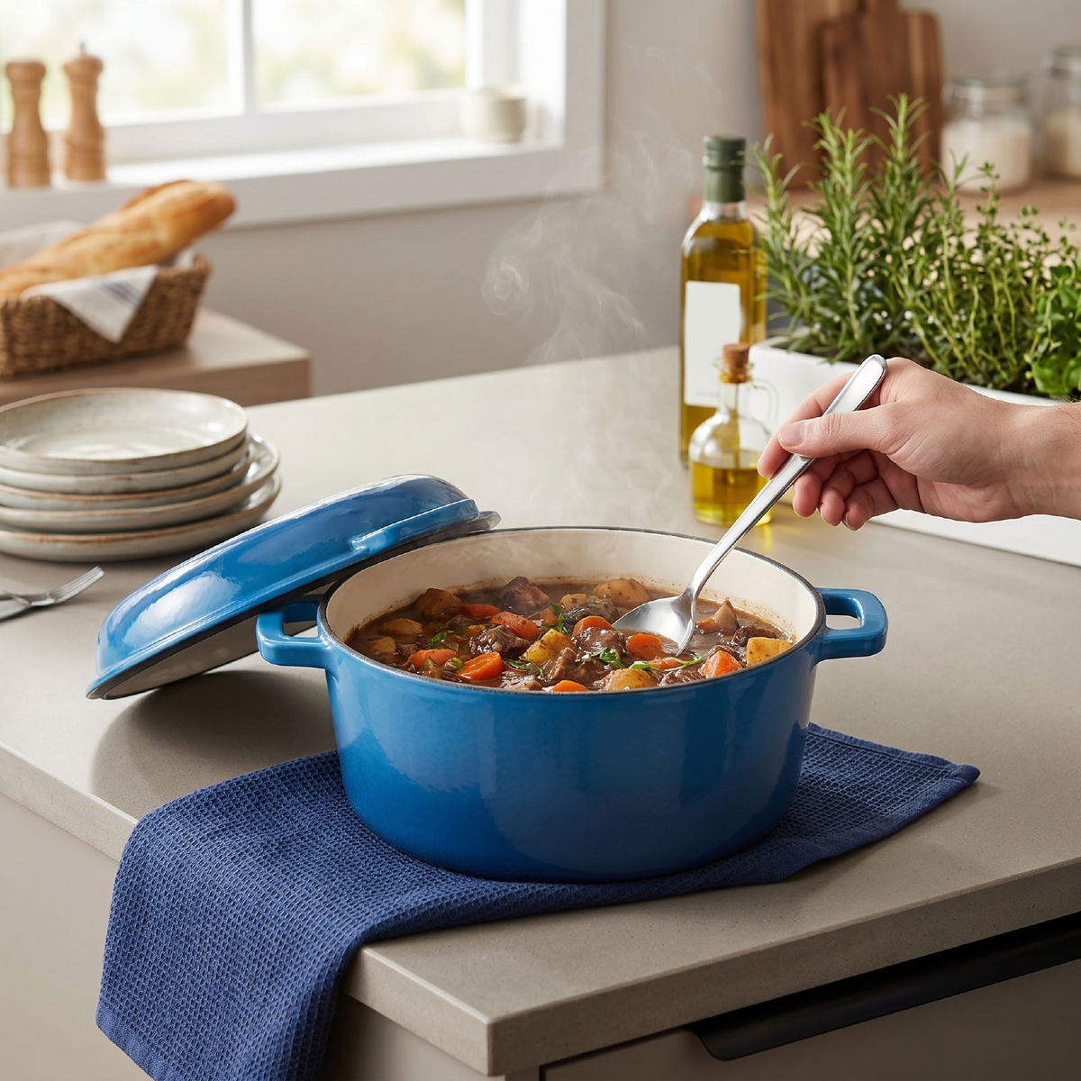 2 in 1 Cast Iron Dutch Oven Pot with Skillet Lid, 6+2 QT Pre-Seasoned Multipurpose Cookware for baking, braising, and stewing, Blue