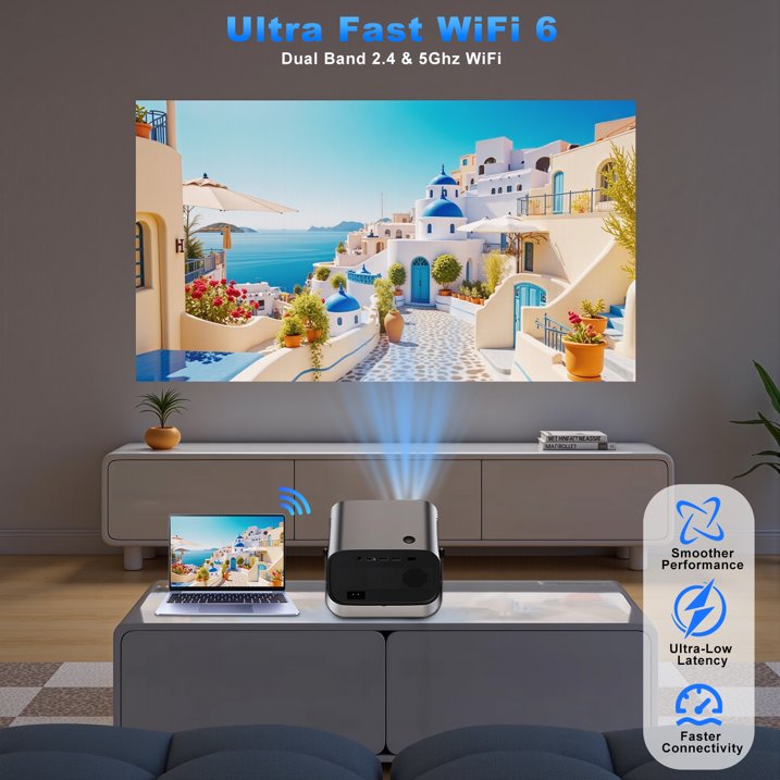 Mini Projector with WiFi and Bluetooth, 4K Support Portable Outdoor Movie Projector with Auto Keystone & 360°Adjustable Stand, 150'' Screen 1080P Proyector Compatible with TV Stick/iOS/Android/Laptop