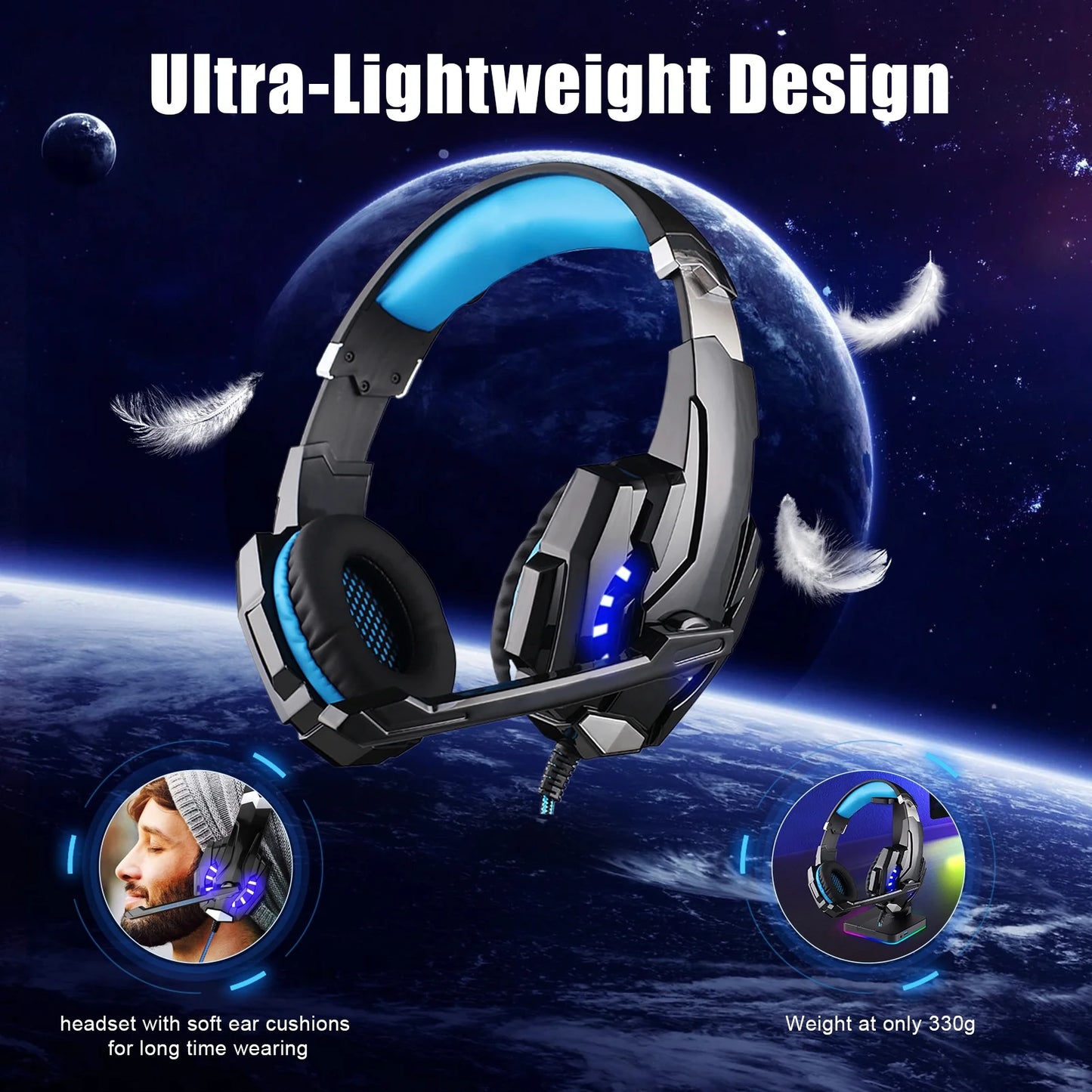 Gaming Headset for PC Laptop, Bass Surround Noise Cancelling Over Ear Headphones with Mic, Computer Headset with 3.5mm Stereo Jack & LED Light, Soft Memory Earmuffs, Blue
