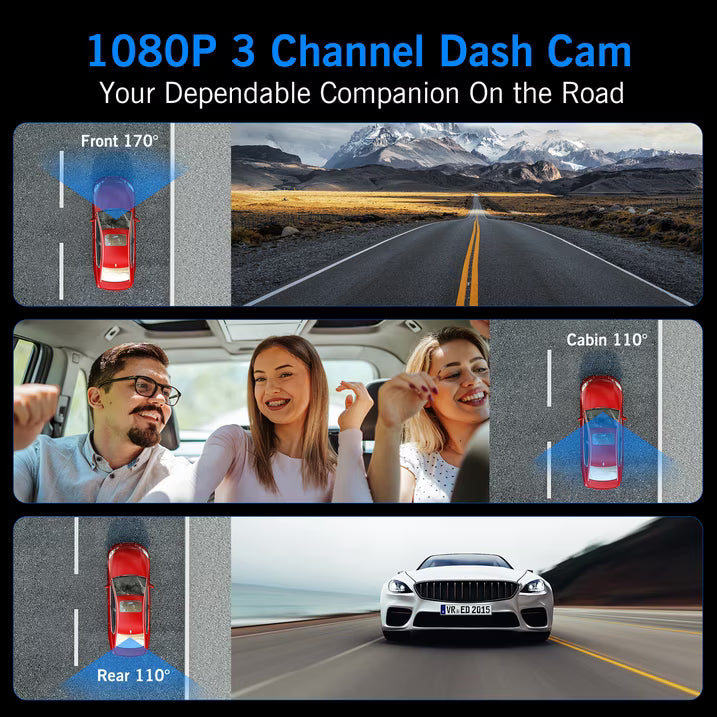 3 Channel Dash Cam Front and Rear, 1080P Dash Camera for Cars, 3" IPS Screen Three Way Dashcam with Night Vision, G-Sensor, Loop Recording, 24Hr Parking, DVR, Support 32GB Card