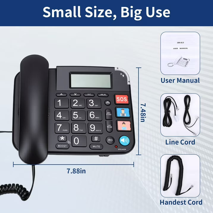 Large Key Wired Telephone, Dual Interface Wired Landline Phones with Caller ID/Hands-Free for Office, Big Button Corded Phones for Seniors, 3 Group One-Touch Dialing, Adjustable Volume & Ringing