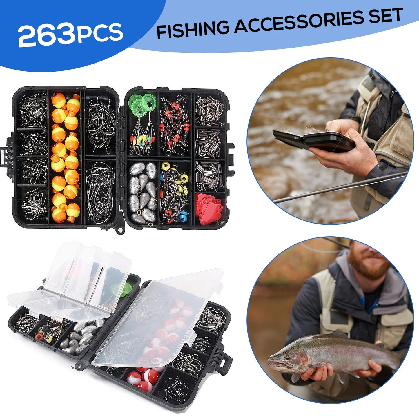 263pcs Fishing Accessories Set with Tackle Box Kit Plier Jig Hooks Sinker Weight Folats Swivels Snaps Sinker Slides,Red + White