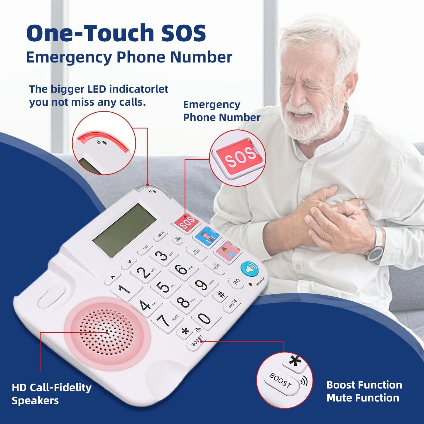Large Key Wired Telephone, Dual Interface Wired Landline Phones with Caller ID/Hands-Free for Office, Big Button Corded Phones for Seniors, 3 Group One-Touch Dialing, Adjustable Volume & Ringing