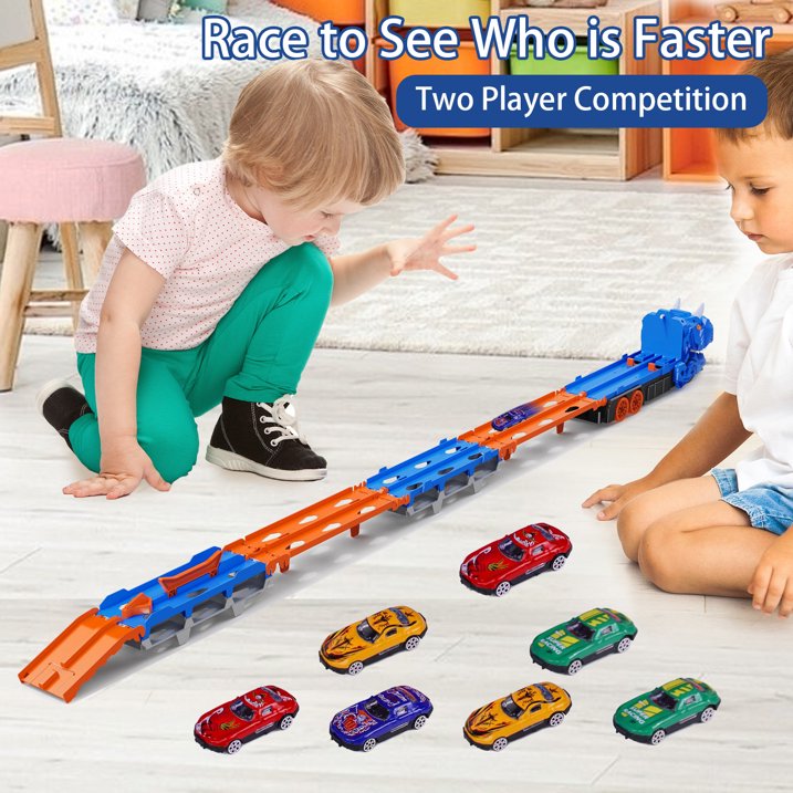 Dinosaur Race Track Toys for 3 4 5 6 Years Old Boys, Dinosaur Transporter Car Race Track with 12 Die-Cast Car Toys & 57inch Dual-Way Foldable Tracks, Truck Toys Set Gifts for Age 3-12 Kids Boys Girls