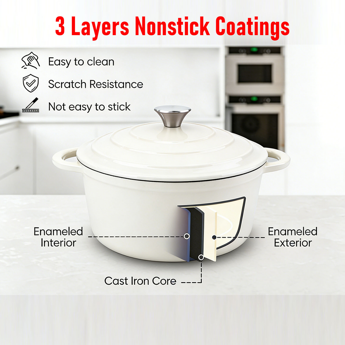 6.5 QT Enameled Cast Iron Dutch Oven with Lid, Nonstick Cookware for Baking, Roasting, Braising & Cooking, Dual Handles