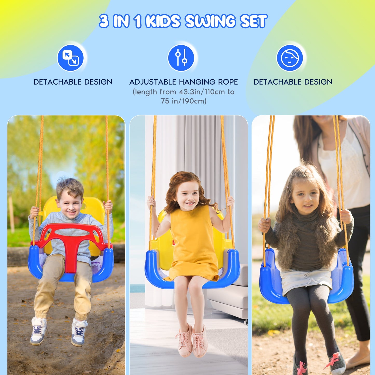 3-in-1 Baby Swing Seat with Hanging Strap for Kids,High Back Toddler Swing Set Anti-Flip Snug & Secure Detachable to Infants Babies for Indoor/Outdoor Playset