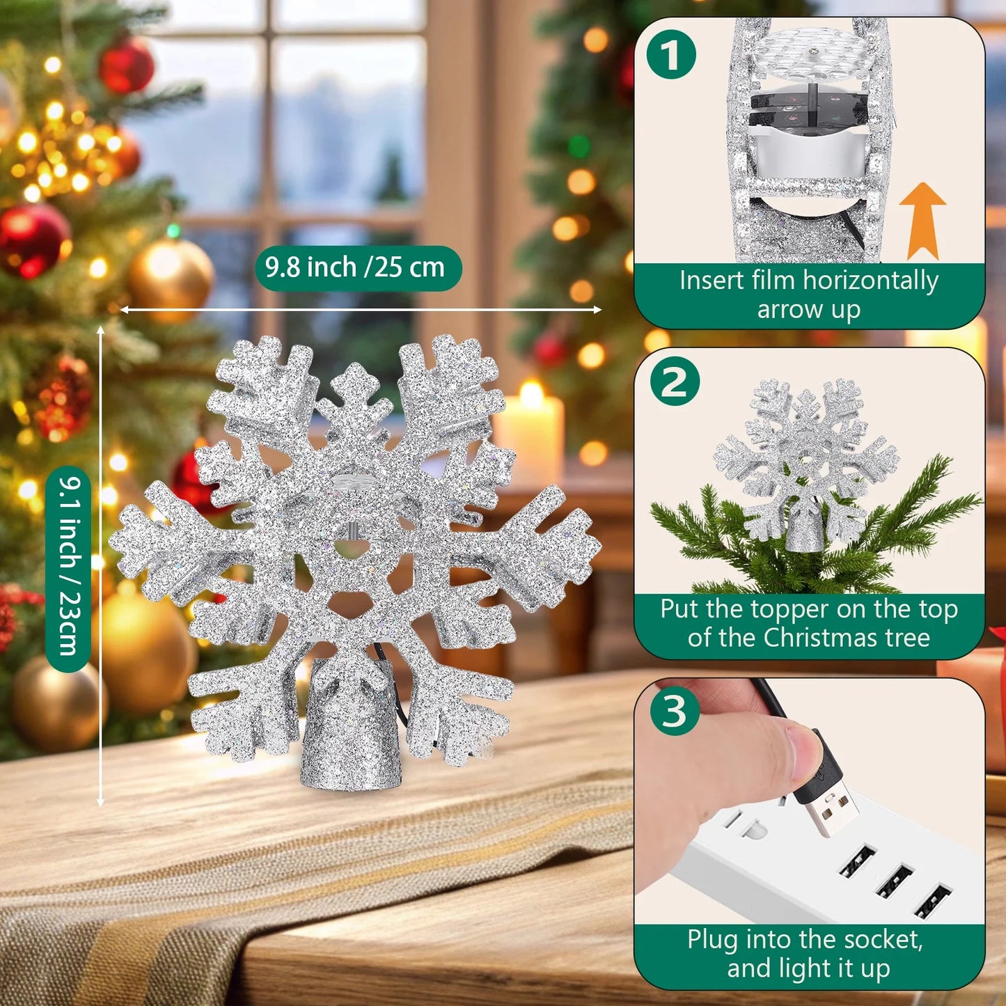 Christmas Tree Toppers Lighted with 3 Projection Modes, Christmas Tree Snowflake Topper Built-in 3D Glitter LED Rotating Lights, Silver Tree Topper Christmas Decoration for Xmas Party Holiday Home