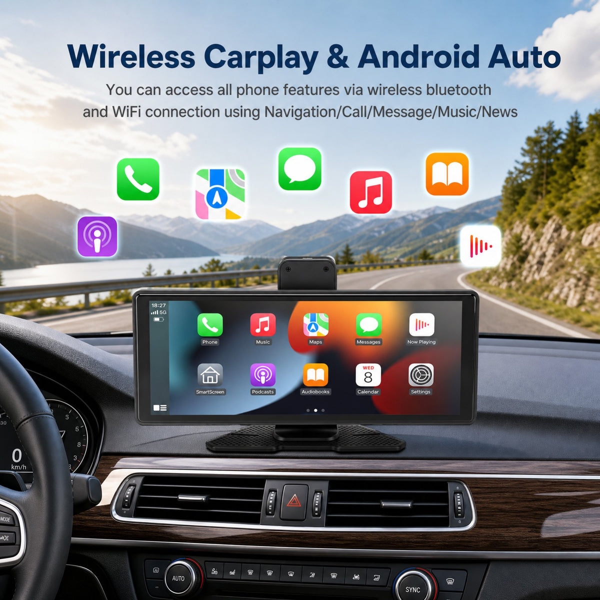 10.26" Portable Wireless CarPlay Screen for Car with 4K Dash Cam and 1080P Backup Camera, Wireless Car Play & Android Auto, OTA, Navigation, Voice Control, Mirror Link, Music Player