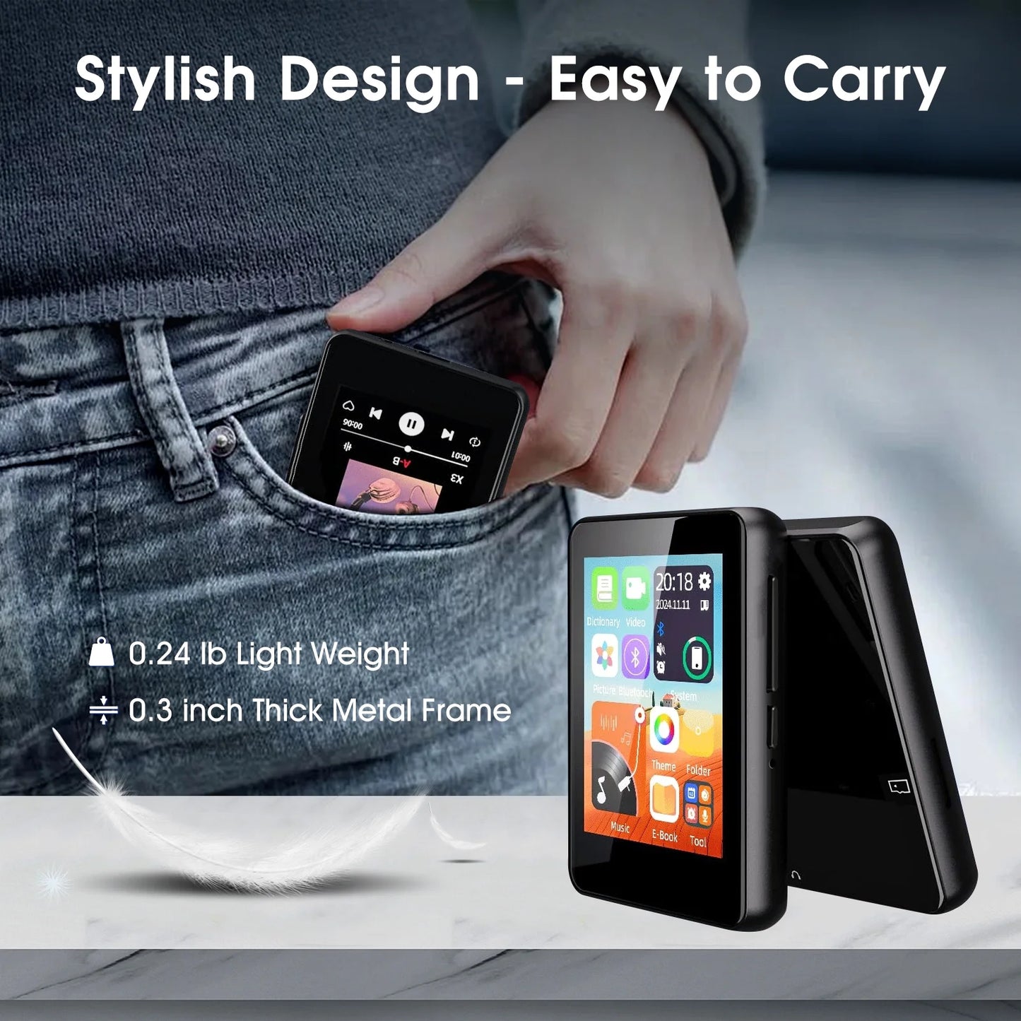 132GB MP3 Player with Bluetooth 5.0, 2.4 in Full Touchscreen Portable Digital Lossless Music Player with Speaker & Earphones, FM Radio, Voice Recorder, E-Book, Supports up to 256GB SD Card