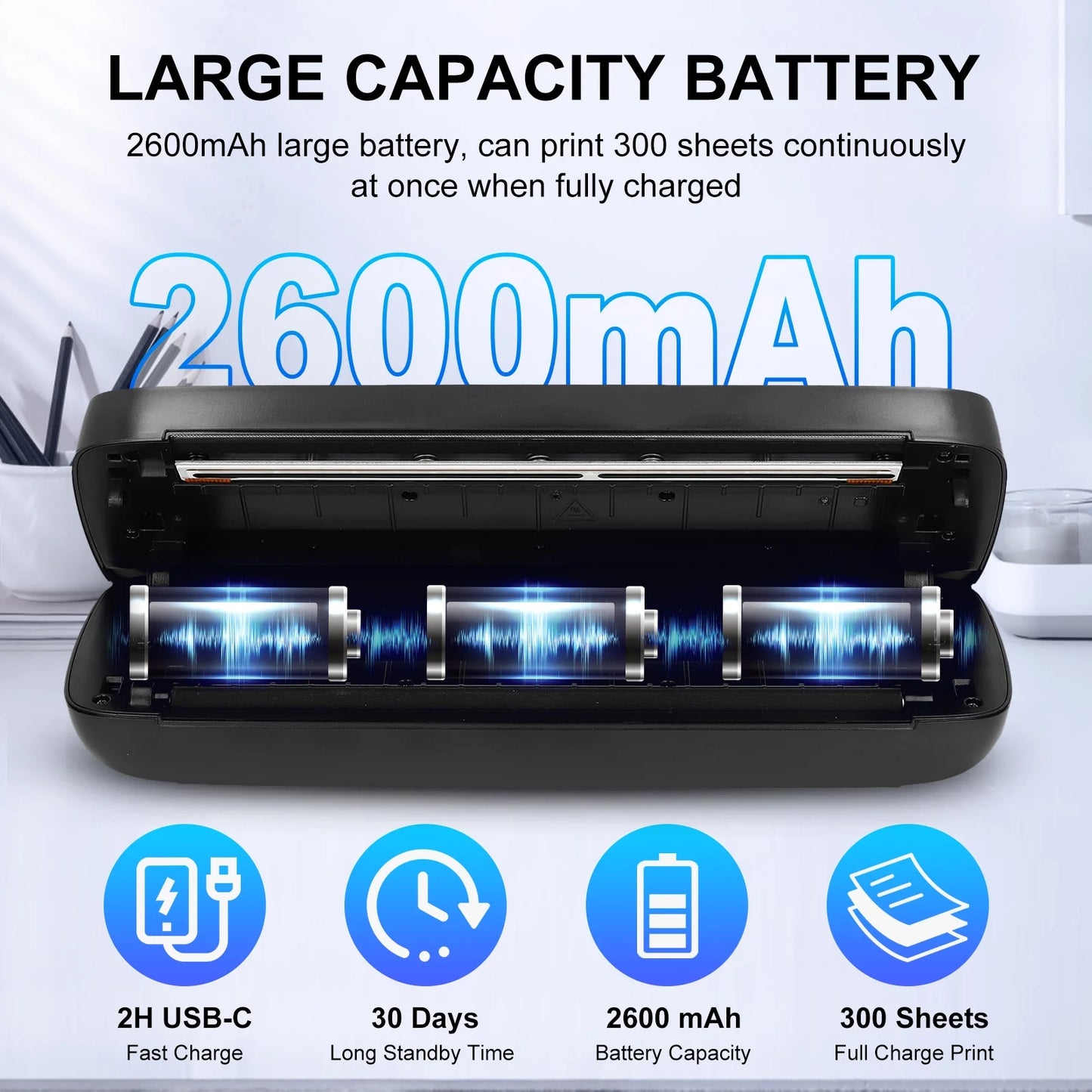 Portable Printer for Travel, Wireless Bluetooth Thermal Printer Supports 8.5 x 11 inch US Letter & A4 Thermal Paper, 300DPI Inkless Printer Compatible with Android iOS & Laptop for Office Car Home