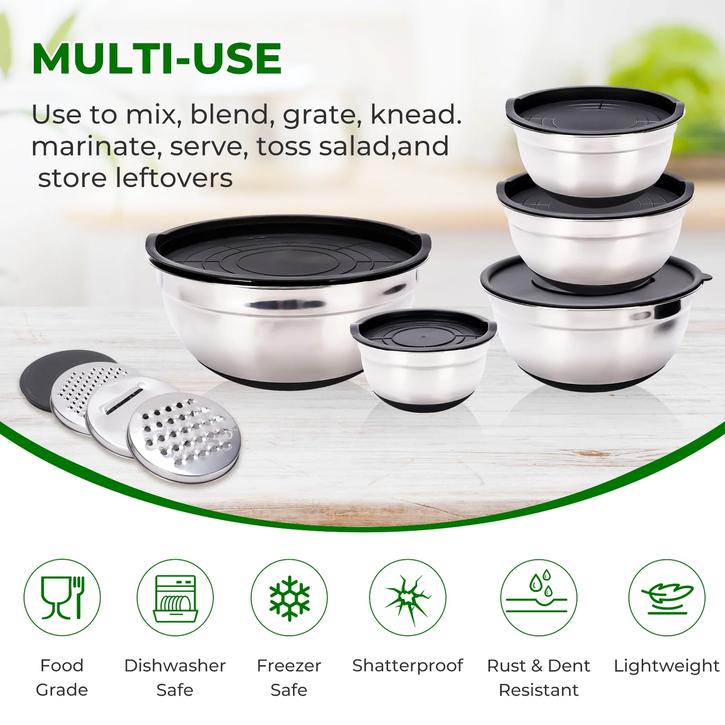 Mixing Bowls with Lids, 32 Piece Stainless Steel Bowls Set, 3 Grater Attachments & Black Non-Slip Bottoms Size 7, 4, 3.5, 2.5, 2, 1.5QT