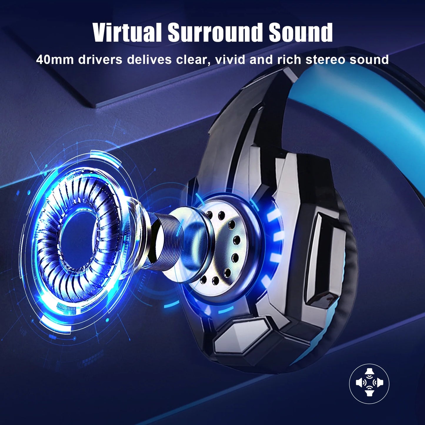 Gaming Headset for PC Laptop, Bass Surround Noise Cancelling Over Ear Headphones with Mic, Computer Headset with 3.5mm Stereo Jack & LED Light, Soft Memory Earmuffs, Blue
