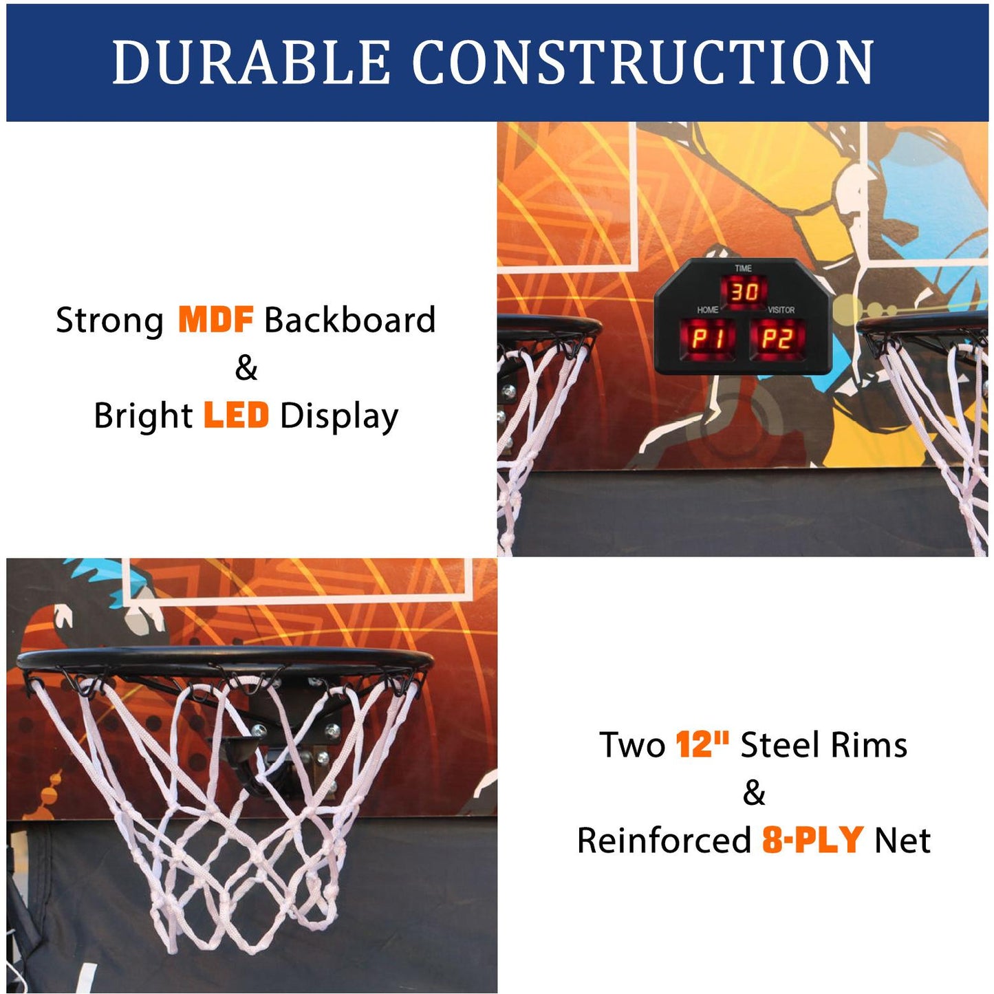 Dual Shot Basketball Arcade Game, Foldable Indoor Electronic Arcade Basketball Game with 4 Balls, 8 Modes, LED Scoreboard, Air Pump, Battery Powered for Kids Adults, Black