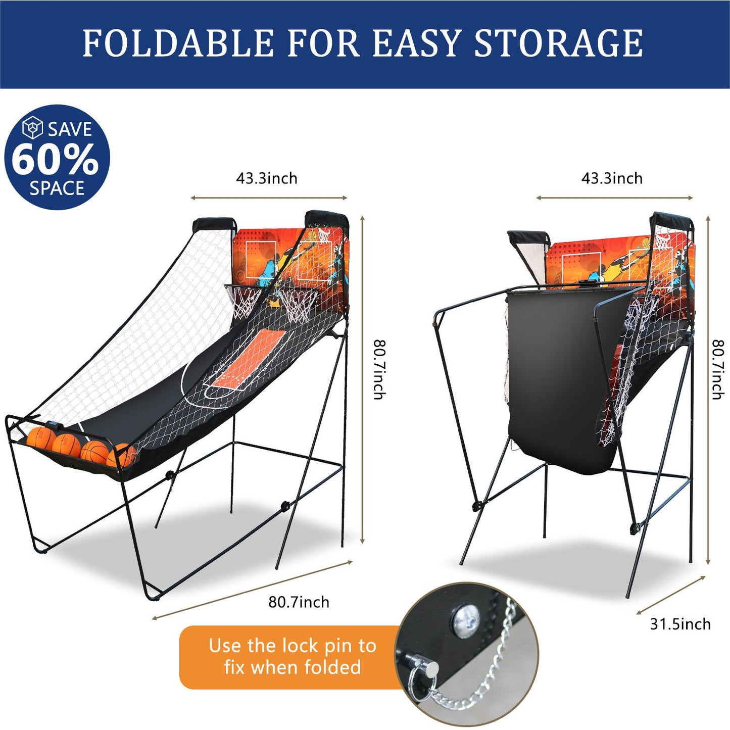Dual Shot Basketball Arcade Game, Foldable Indoor Electronic Arcade Basketball Game with 4 Balls, 8 Modes, LED Scoreboard, Air Pump, Battery Powered for Kids Adults, Black