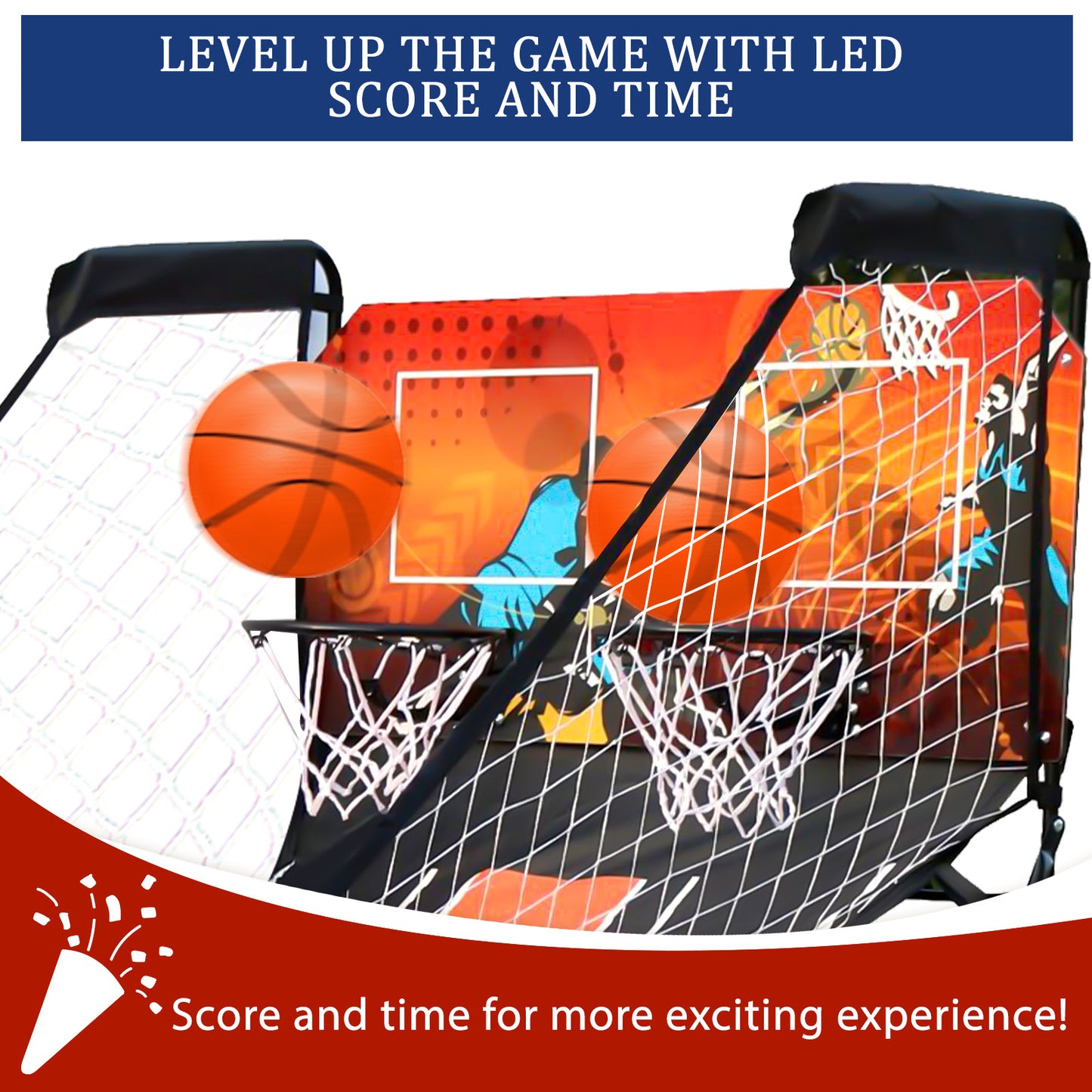 Dual Shot Basketball Arcade Game, Foldable Indoor Electronic Arcade Basketball Game with 4 Balls, 8 Modes, LED Scoreboard, Air Pump, Battery Powered for Kids Adults, Black